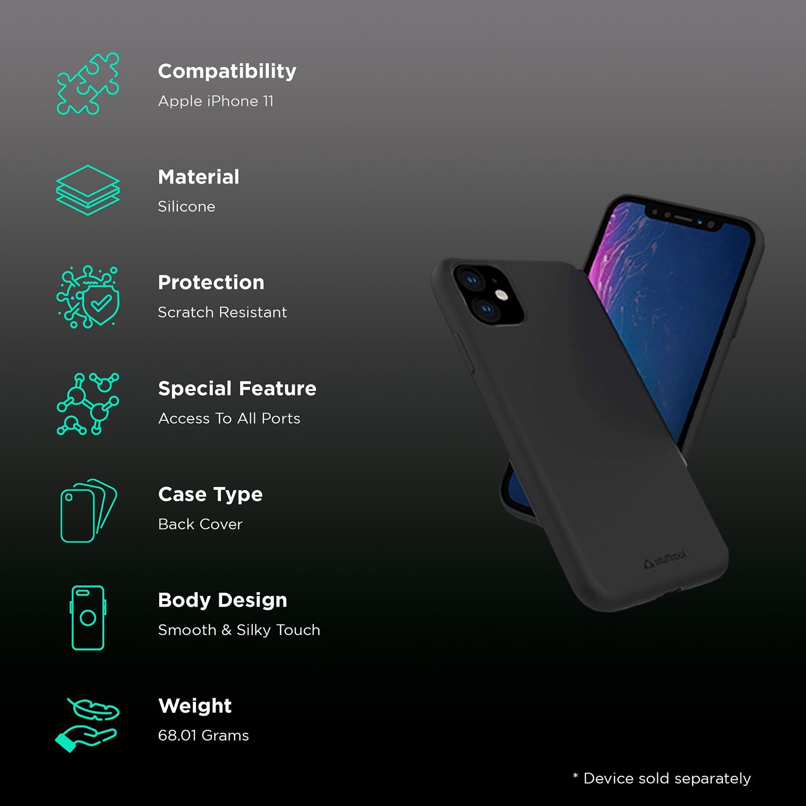 stuffcool Silo Soft and Smooth Silicone Back Cover for Apple iPhone 11 (Camera Protection, Black)_2