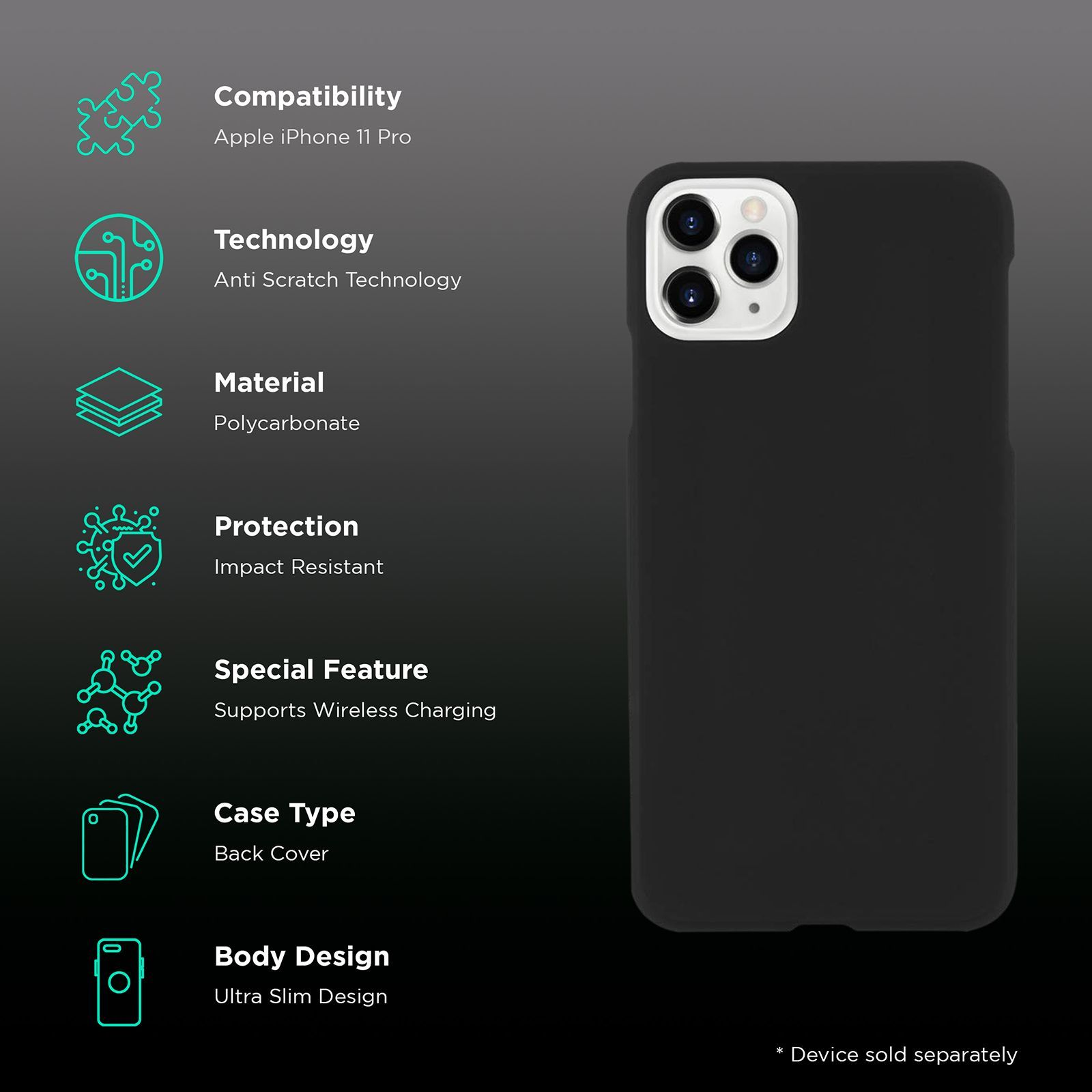 Case-Mate Barely Polycarbonate Back Cover for Apple iPhone 11 Pro (Anti Scratch, Black)_2