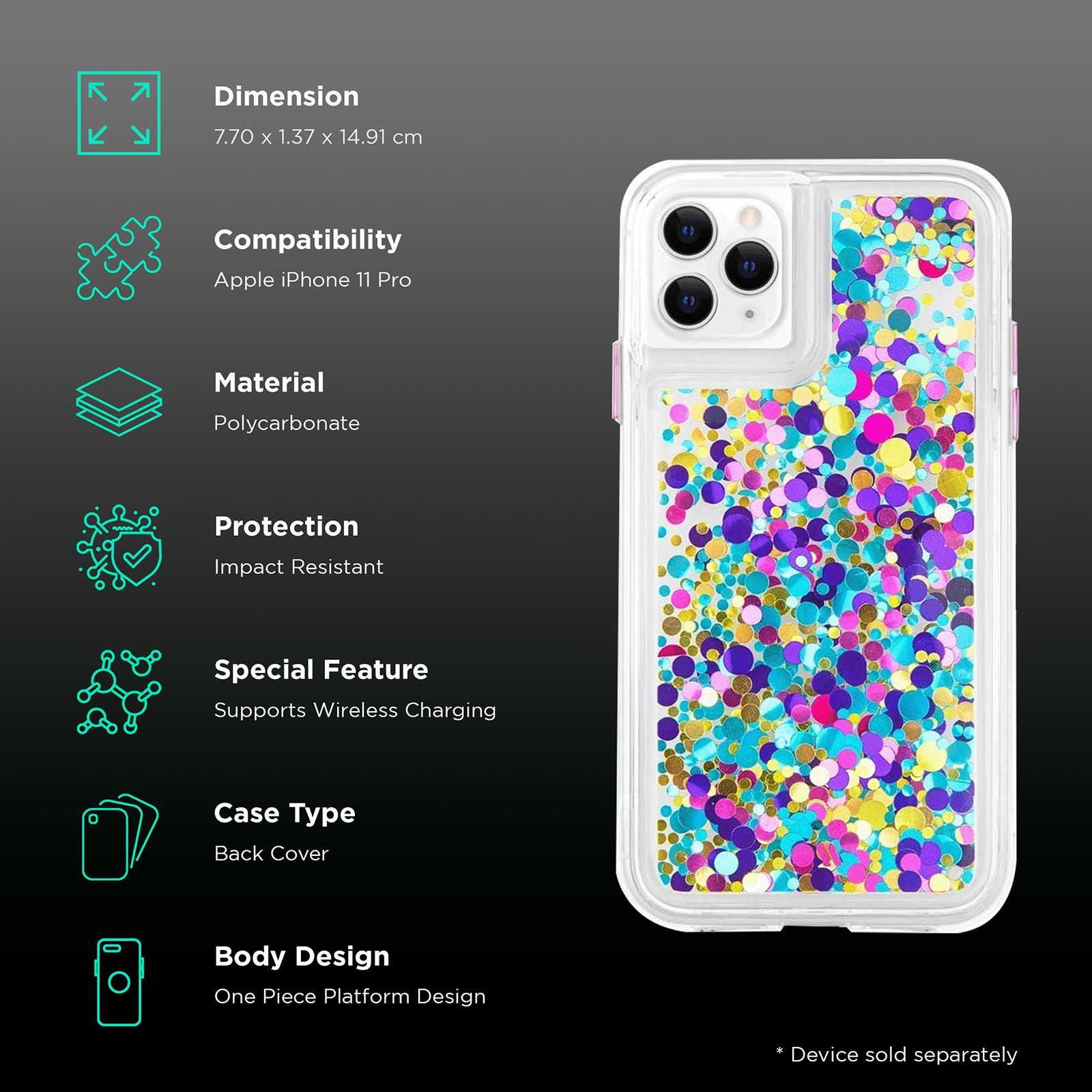 Case-Mate Waterfall Glitter Polycarbonate Back Cover for Apple iPhone 11 Pro (Wireless Charging Compatible, Confetti)_2