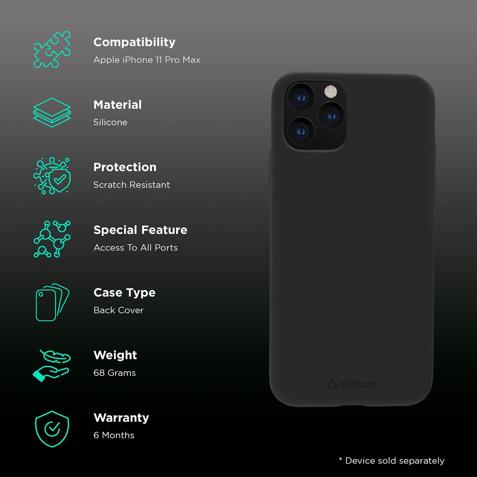 stuffcool Silo Soft and Smooth Silicone Back Cover for Apple iPhone 11 Pro Max (Camera Protection, Black)_2