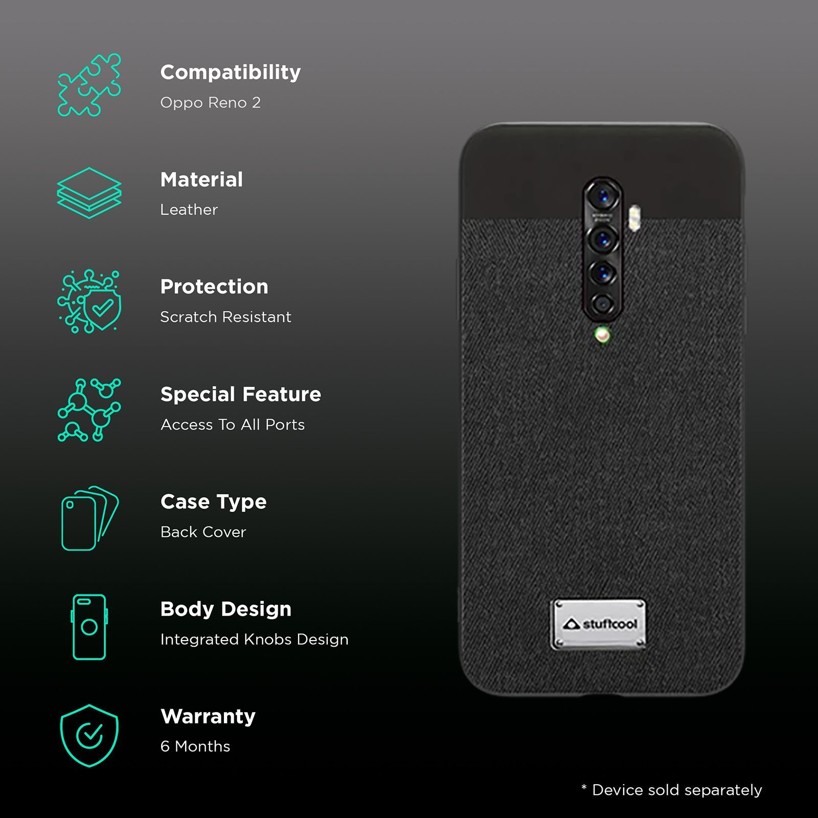 stuffcool Bon Leather Back Cover for Oppo Reno 2 (Camera Protection, Black)_2