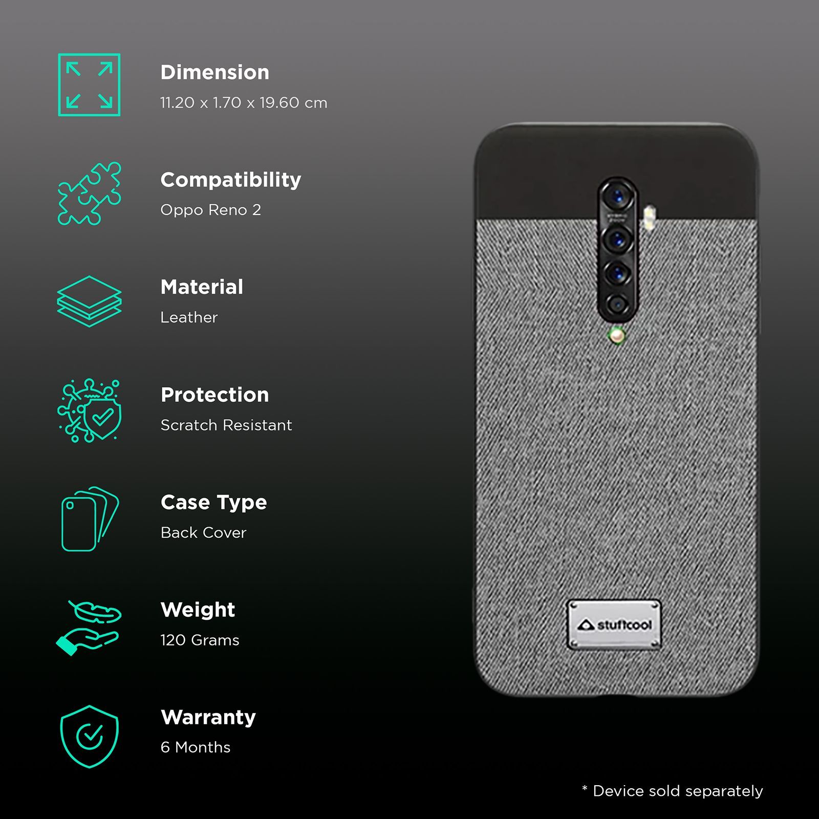 stuffcool Bon Leather Back Cover for Oppo Reno 2 (Camera Protection, Grey) stuffcool Bon Leather Back Cover for Oppo Reno 2 (Camera Protection, Grey)_2