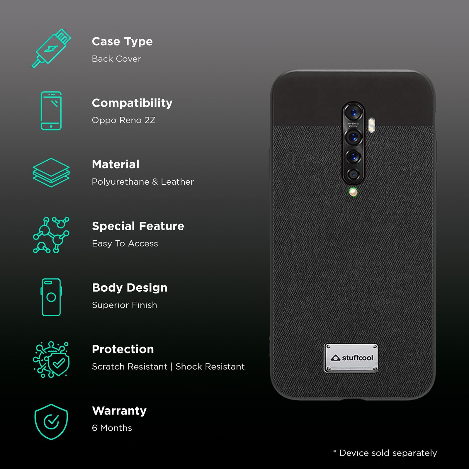 stuffcool PU & Leather Back Cover oppo Reno 2Z (Scratch Protection, Black)_2