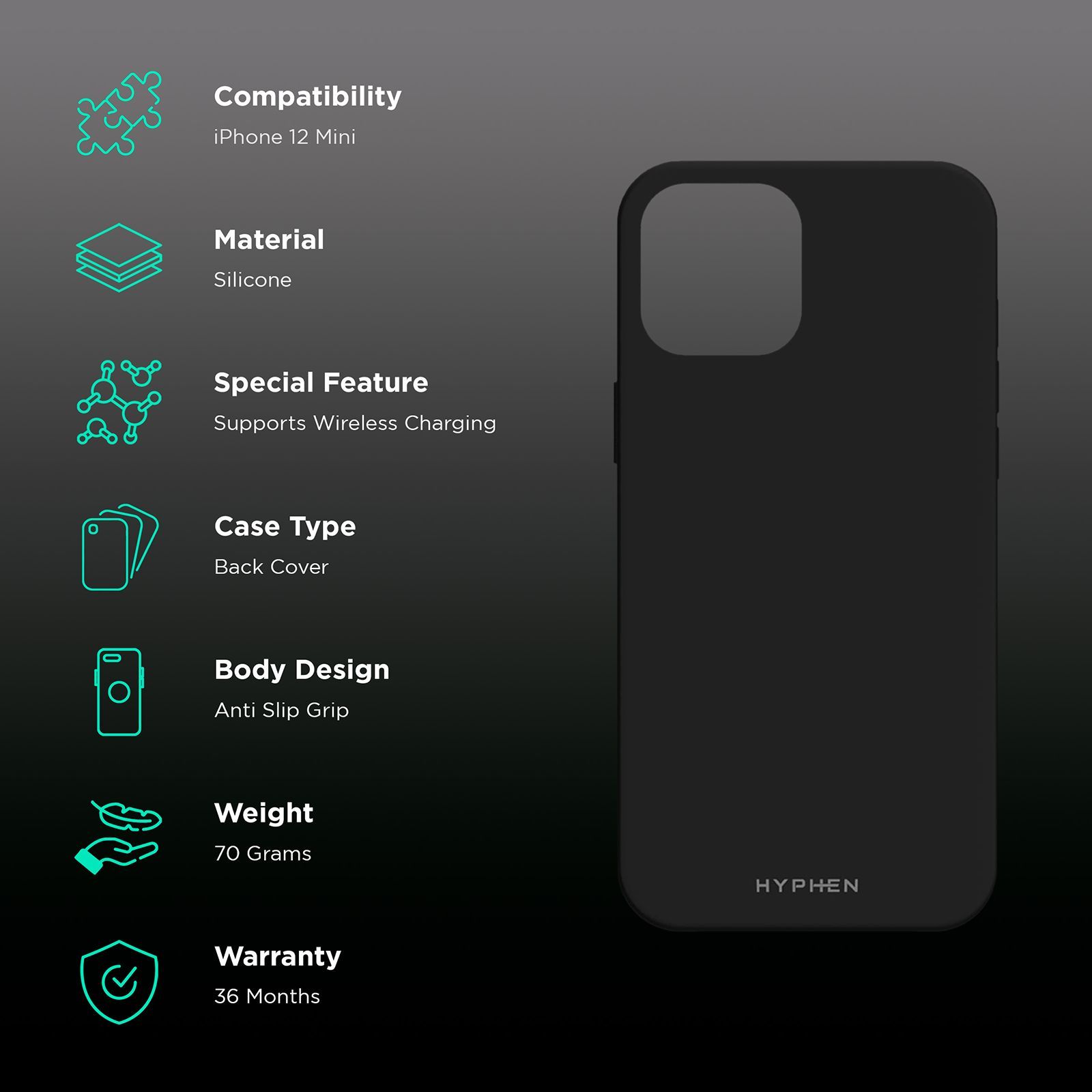 HYPHEN HPC-SXII540138 Silicone Back Cover for Apple iPhone 12 Mini (Water Resistant, Black)_2