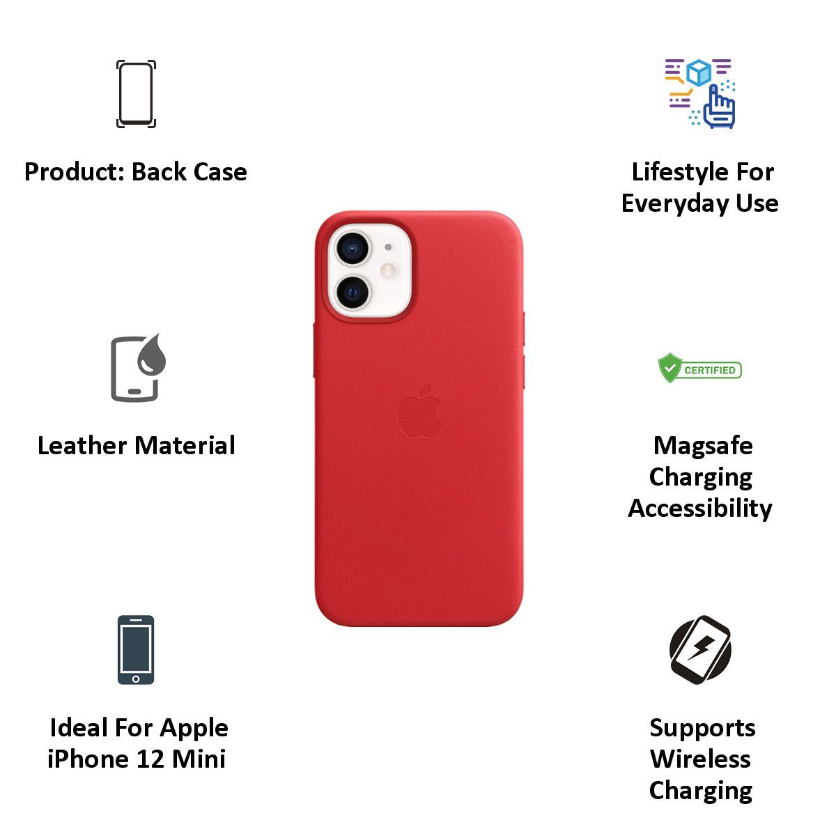 Apple Leather Back Case For iPhone 12 Mini (Magsafe Charging Accessibility, MHK73ZM/A, (Product)Red)_6