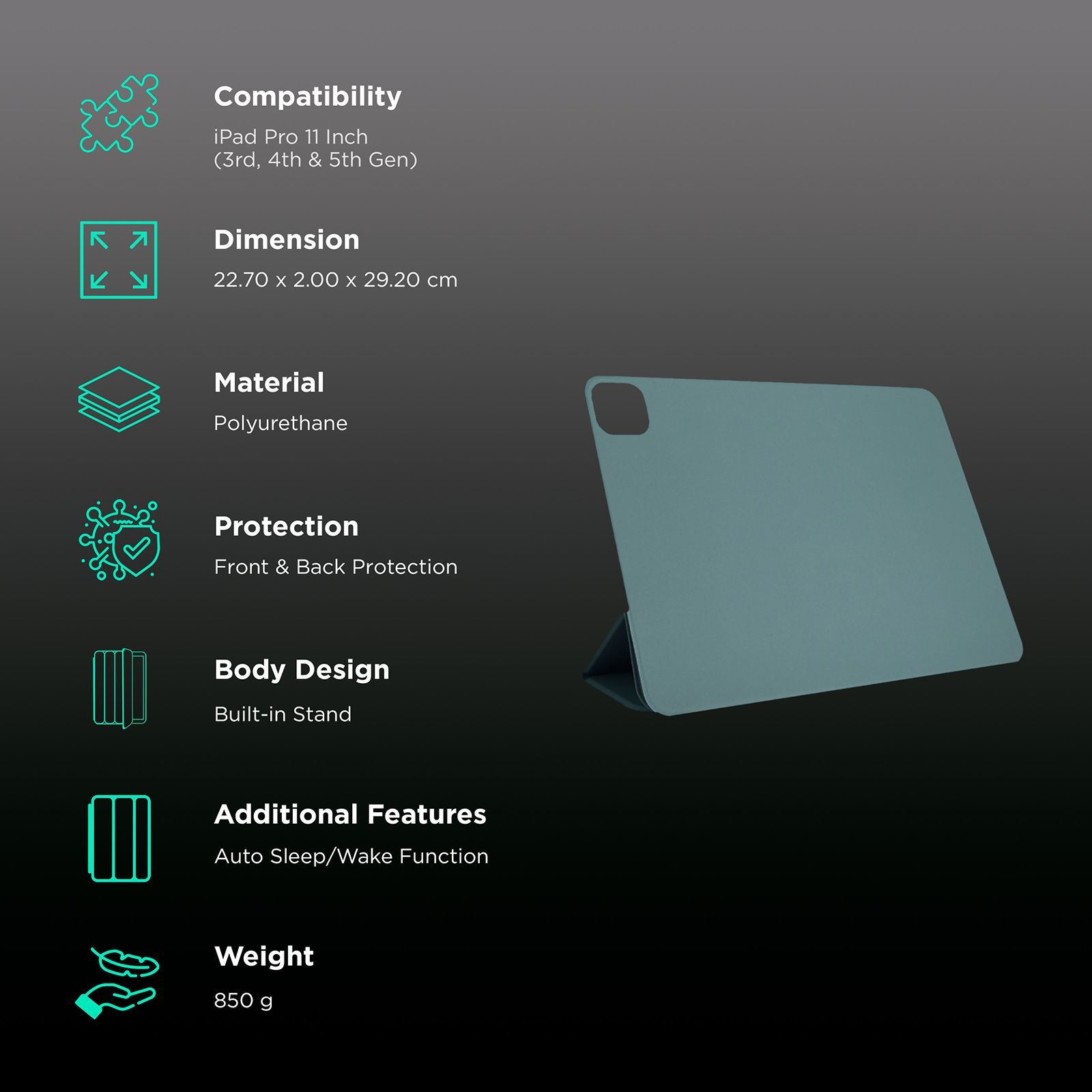 Hyphen VERSO Polyurethane Folio Case for Apple iPad Pro 11 Inch (3rd, 4th & 5th Gen) (Built-in Magnet, Midnight Green)_2