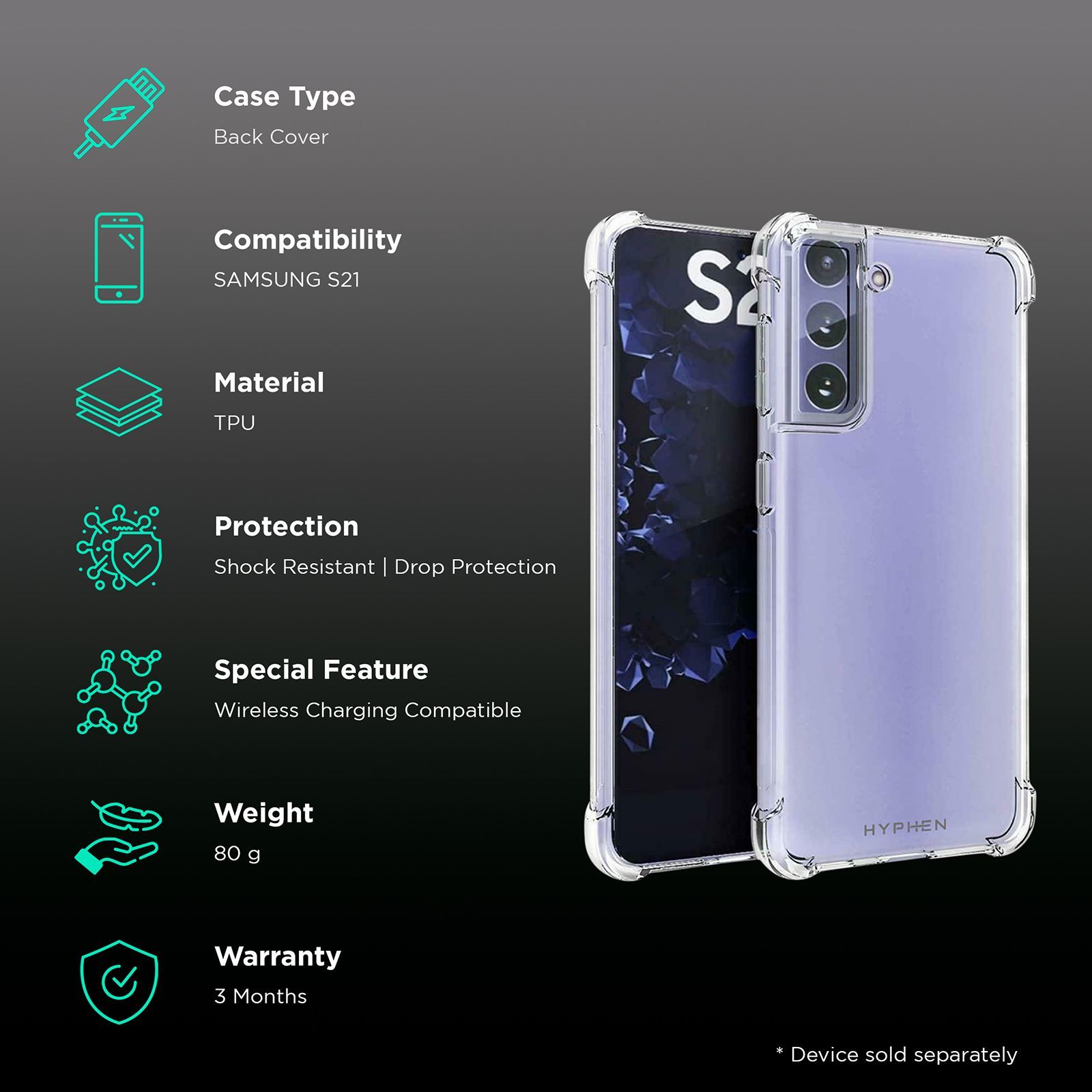 HYPHEN Soft TPU Back Cover for SAMSUNG S21 (Wireless Charging Compatible, Clear)_2