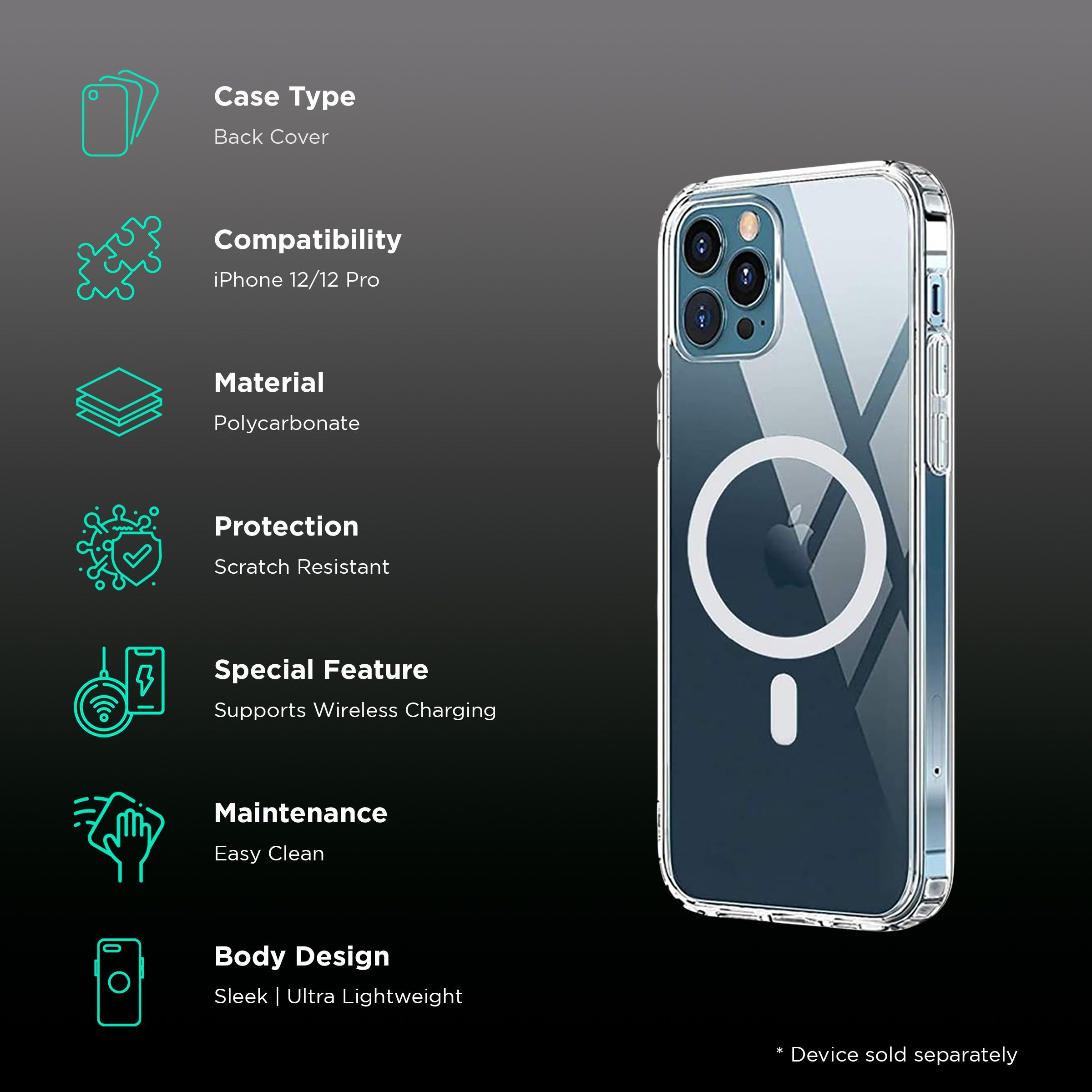 VAKU LUXOS Mag-Pro Polycarbonate Back Cover for Apple iPhone 12, 12 Pro (Supports Wireless Charging, Transparent)_2