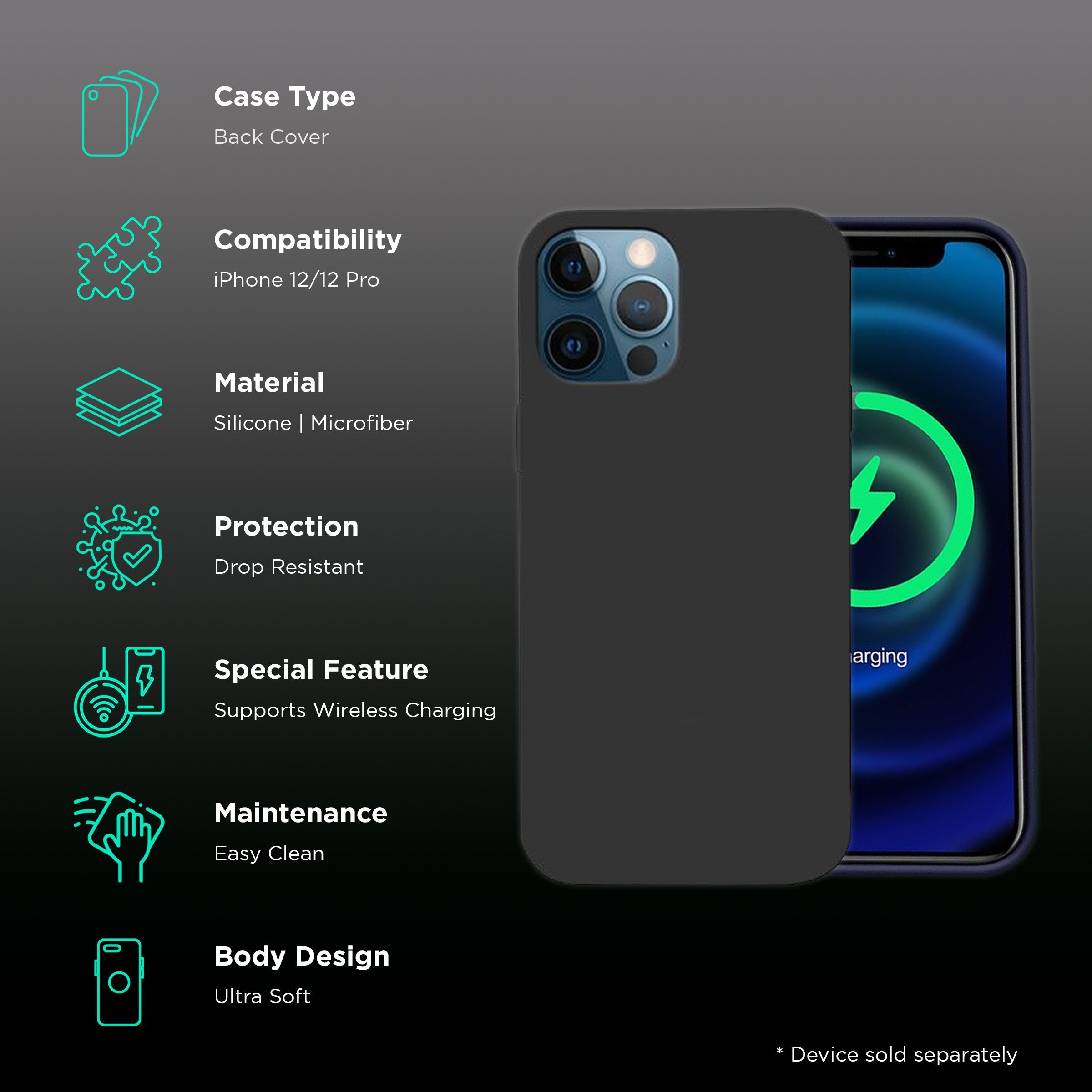 Vaku Soft Silicone & Microfiber Back Cover for Apple iPhone 12, 12 Pro (Supports Wireless Charging, Black)_2