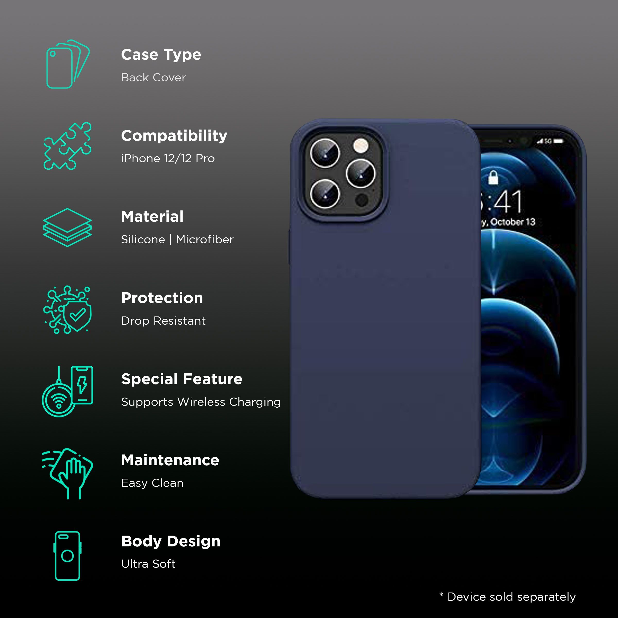 Vaku Soft Silicone & Microfiber Back Cover for Apple iPhone 12, 12 Pro (Supports Wireless Charging, Blue)_2