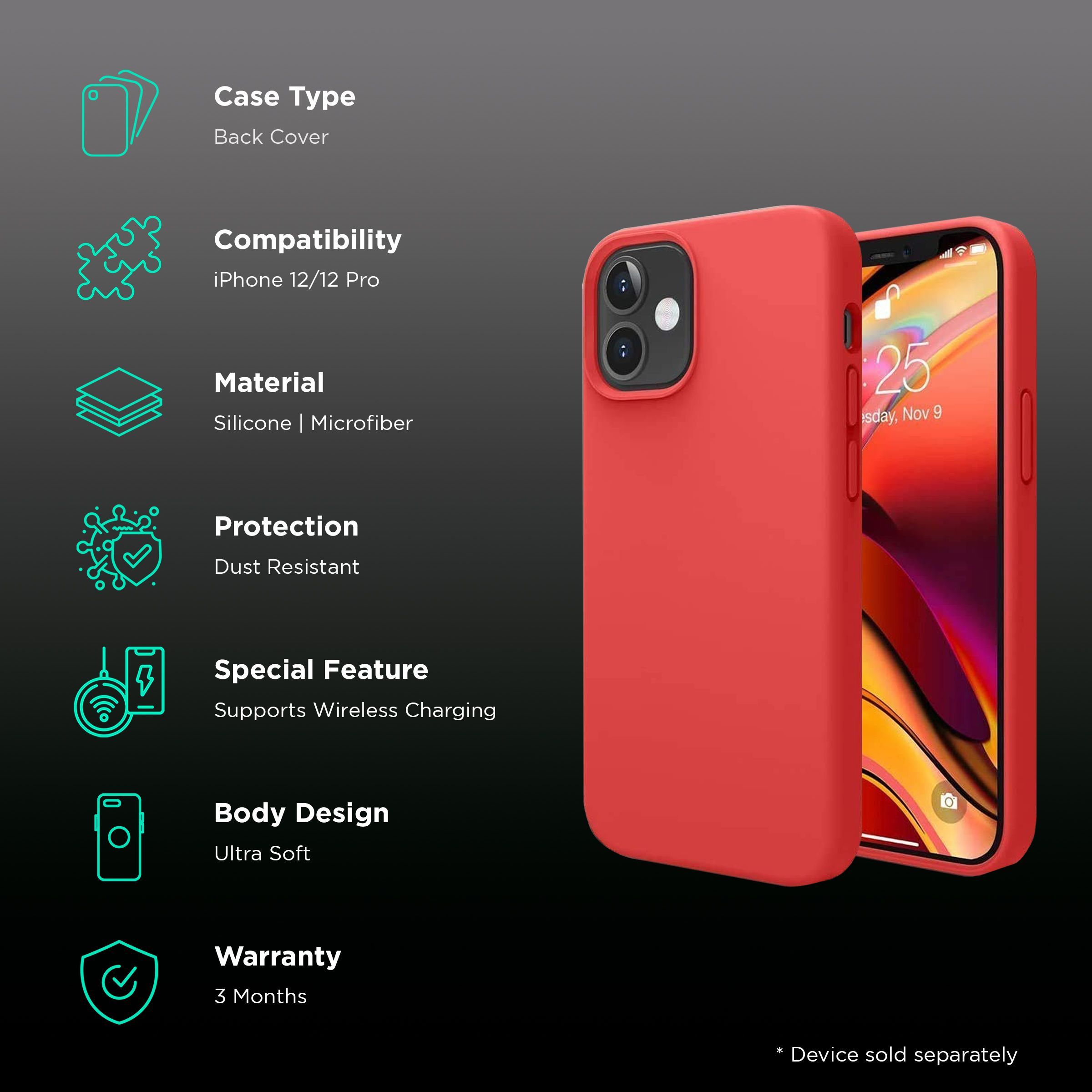 Vaku Soft Silicone & Microfiber Back Cover for Apple iPhone 12, 12 Pro (Supports Wireless Charging, Red)_2