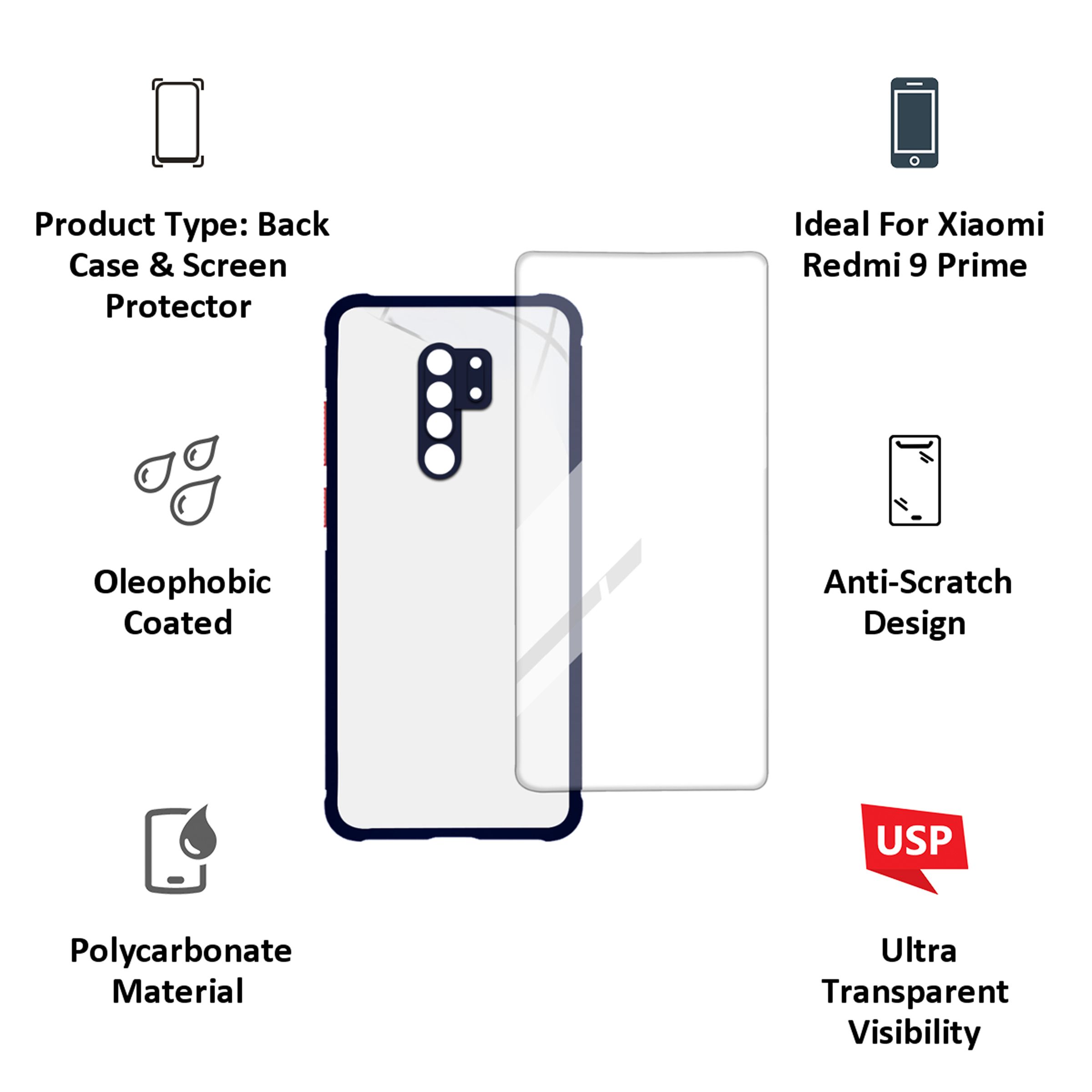 ARROW Hybrid Screen Protector & Polycarbonate Back Cover Combo for Xiaomi Redmi 9 Prime (Anti Scratch Design, Blue)_3