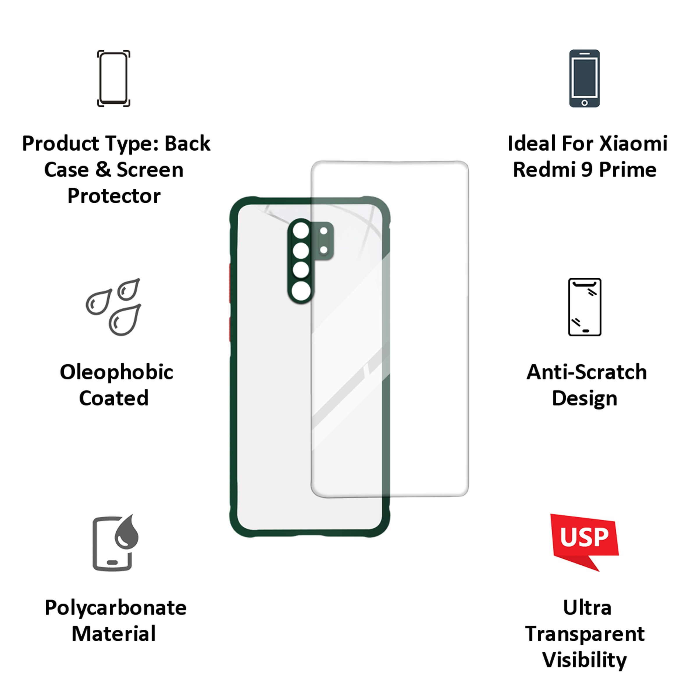 ARROW Hybrid Screen Protector & Polycarbonate Back Cover Combo for Xiaomi Redmi 9 Prime (Anti Scratch Design, Dark Green) ARROW Hybrid Screen Protector & Polycarbonate Back Cover Combo for Xiaomi Redmi 9 Prime (Anti Scratch Design, Dark Green)_4