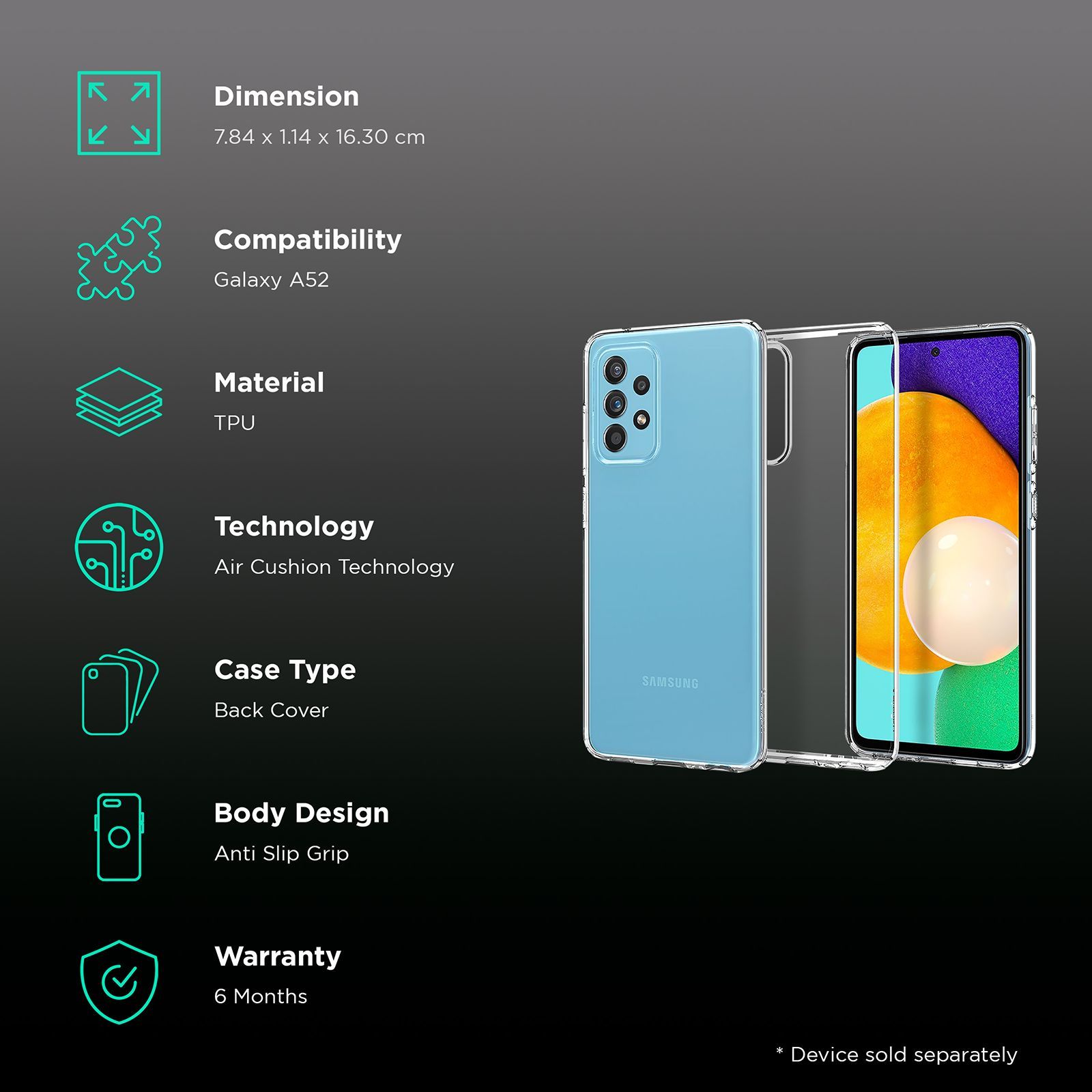 spigen Crystal Flex TPU Back Cover for Samsung Galaxy A52 (Innovative Dot System, Clear)_2