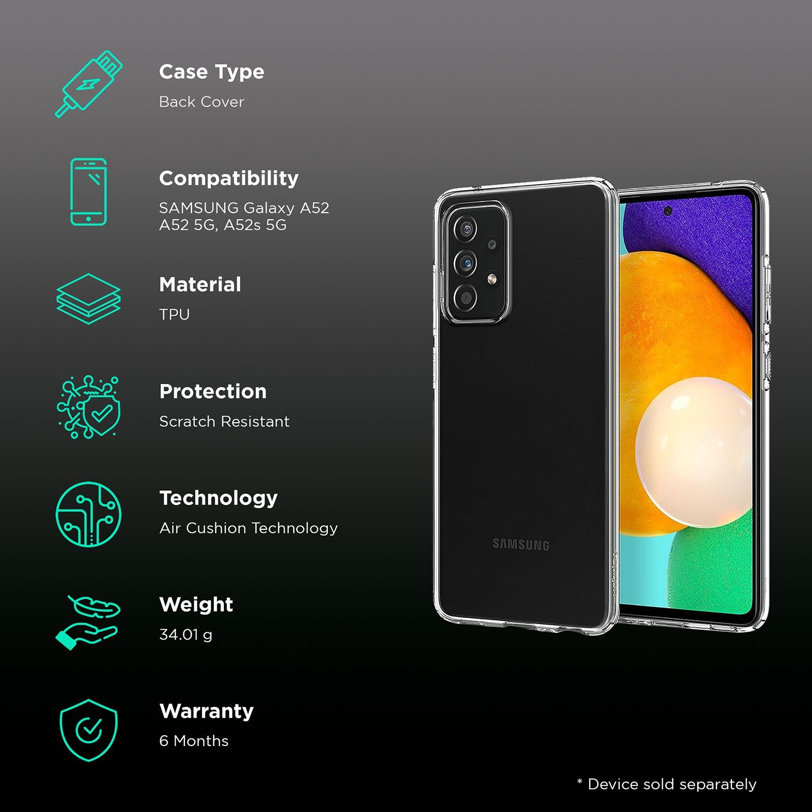 spigen Liquid Crystal TPU Back Cover for SAMSUNG Galaxy A52, A52 5G, A52s 5G (Watermark Free, Crystal Clear)_2