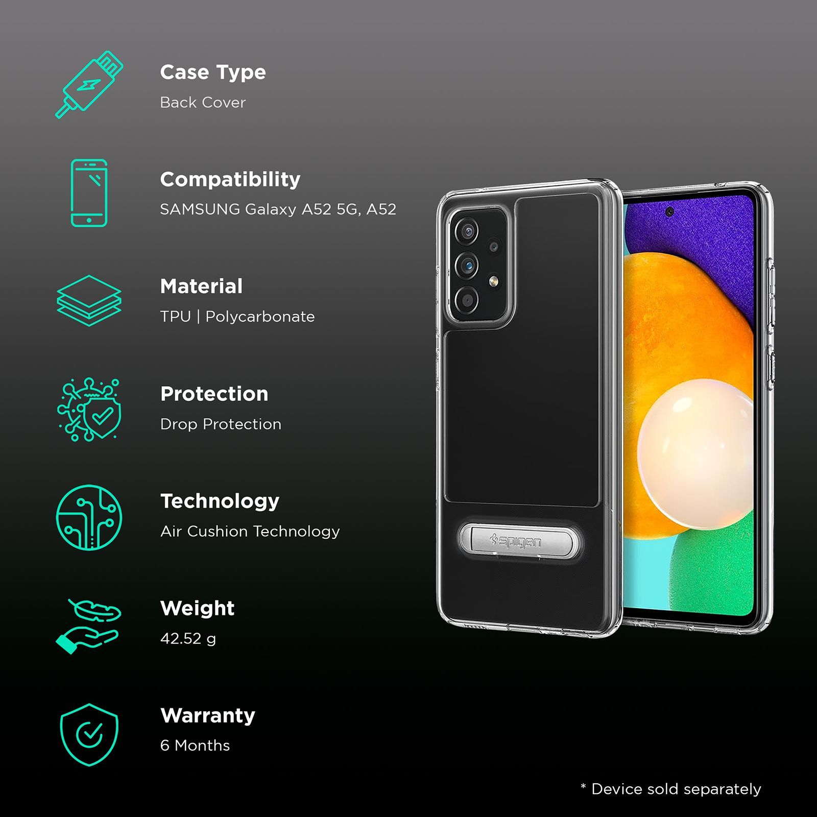 spigen Slim Armor Essential S TPU & PC Back Case For Galaxy A52/Galaxy A52 5G (Air Cushion Technology, ACS02523, Crystal Clear)_2