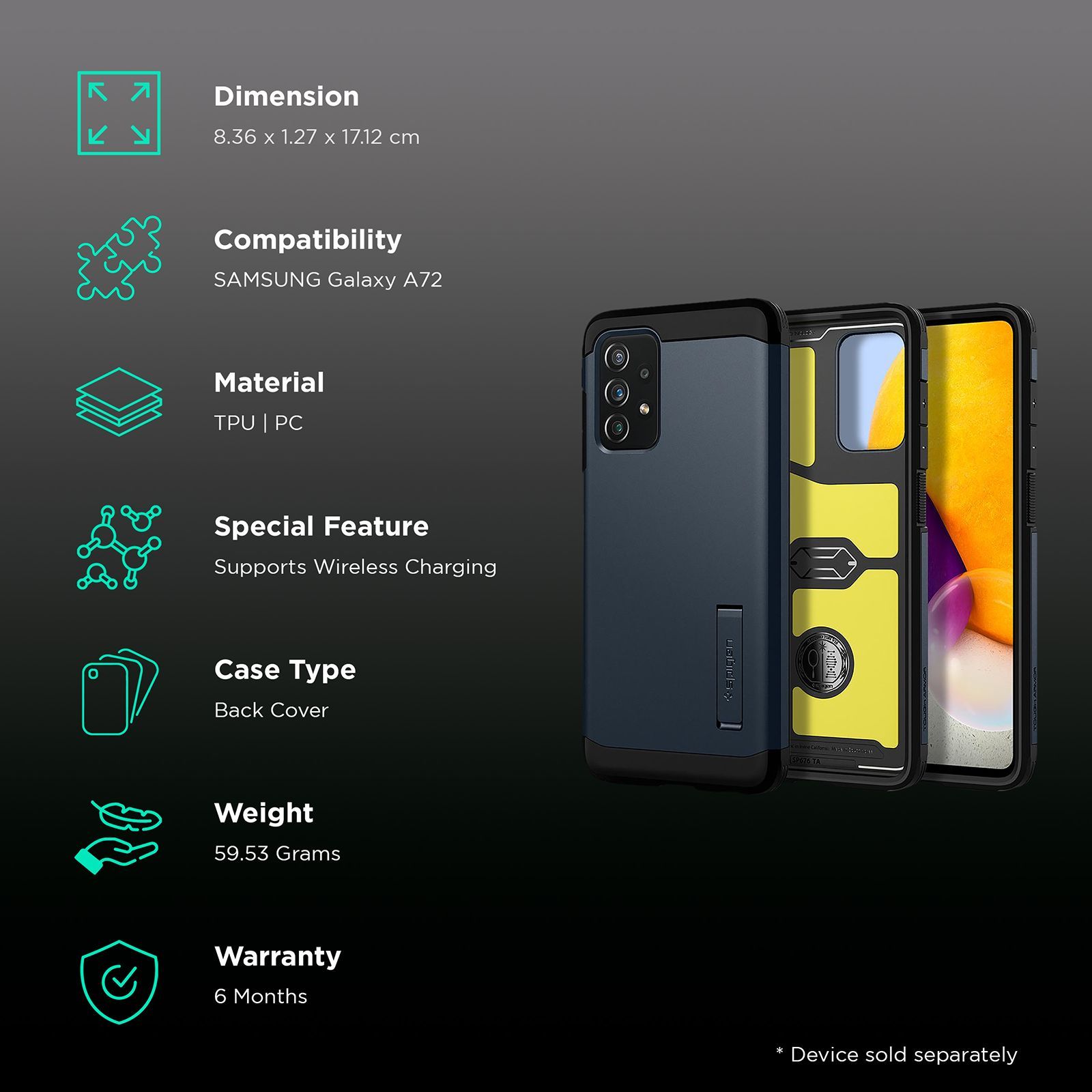 spigen Tough Armor TPU & Polycarbonate Back Case with Stand for SAMSUNG Galaxy A72 (Wireless Charging Compatible, Metal Slate) spigen Tough Armor TPU & Polycarbonate Back Case with Stand for SAMSUNG Galaxy A72 (Wireless Charging Compatible, Metal Slate)_2