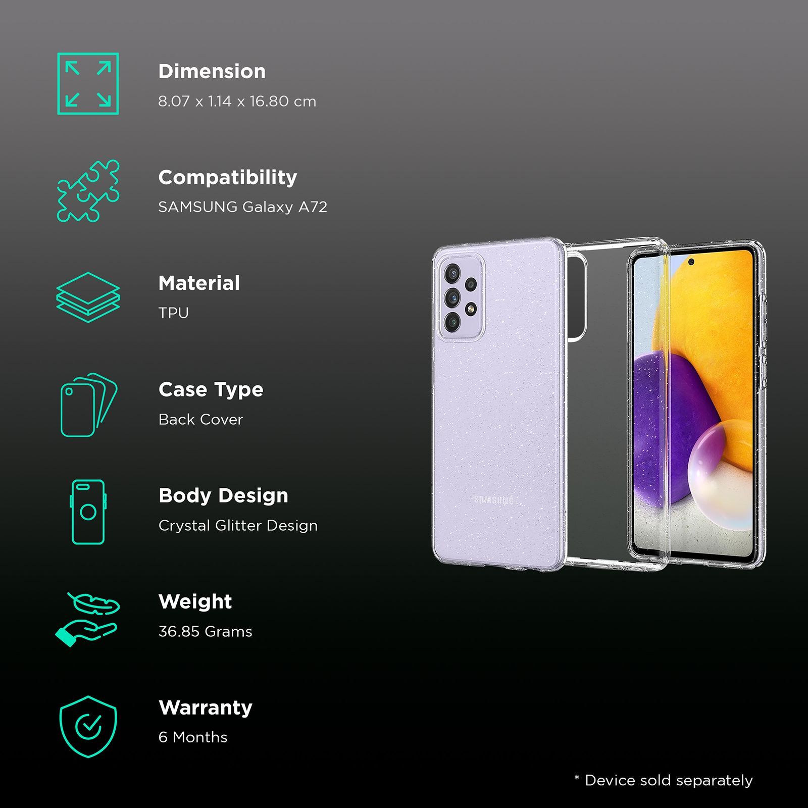 spigen Liquid Crystal Glitter TPU Back Cover for SAMSUNG Galaxy A72 (Slim Protection, Crystal Quartz)_2