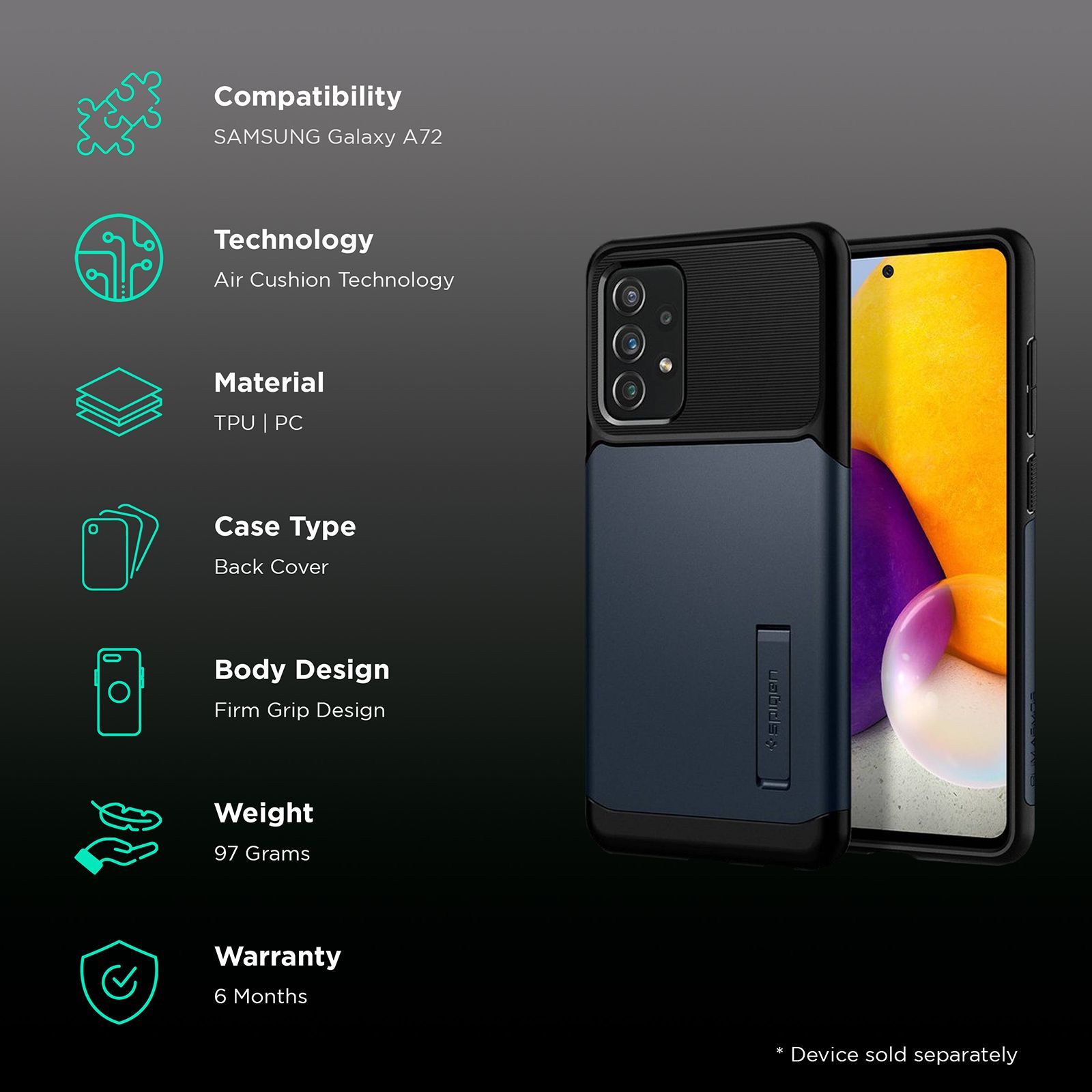 spigen Slim Armor TPU & Polycarbonate Back Cover for SAMSUNG Galaxy A72 (Air Cushion Technology, Metal Slate)_2