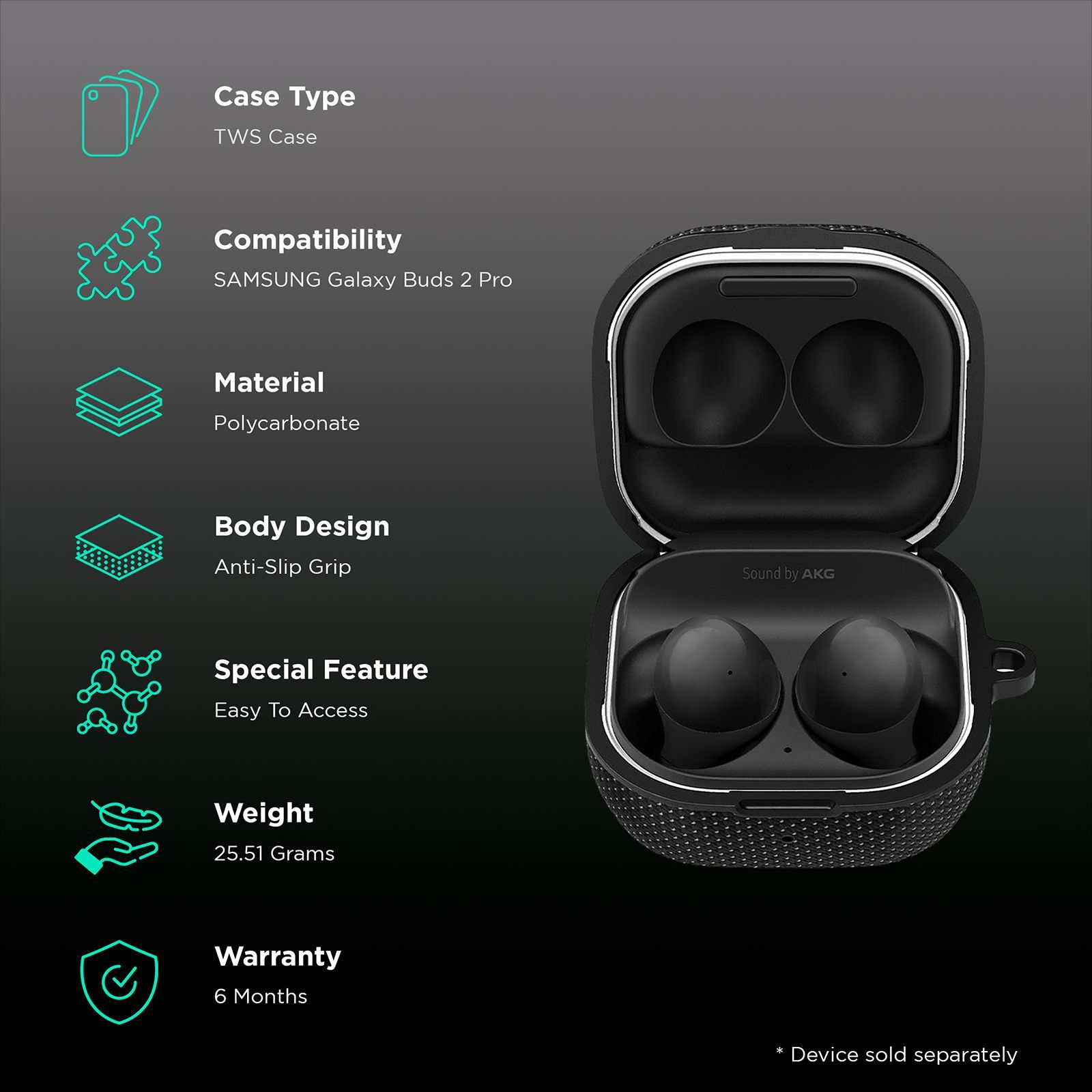 spigen Classic Fit TPU and Polycarbonate Back Cover for Galaxy Buds 2, Galaxy Buds Pro and Galaxy Buds Live (Metal Carabiner, Black)_2