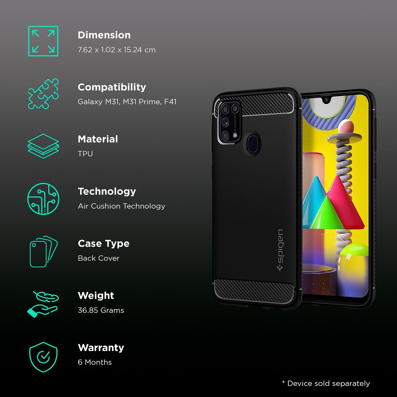 spigen Rugged Armor TPU Back Cover for SAMSUNG Galaxy M31, M31 Prime, F41 (Air Cushion Technology, Matte Black)_2