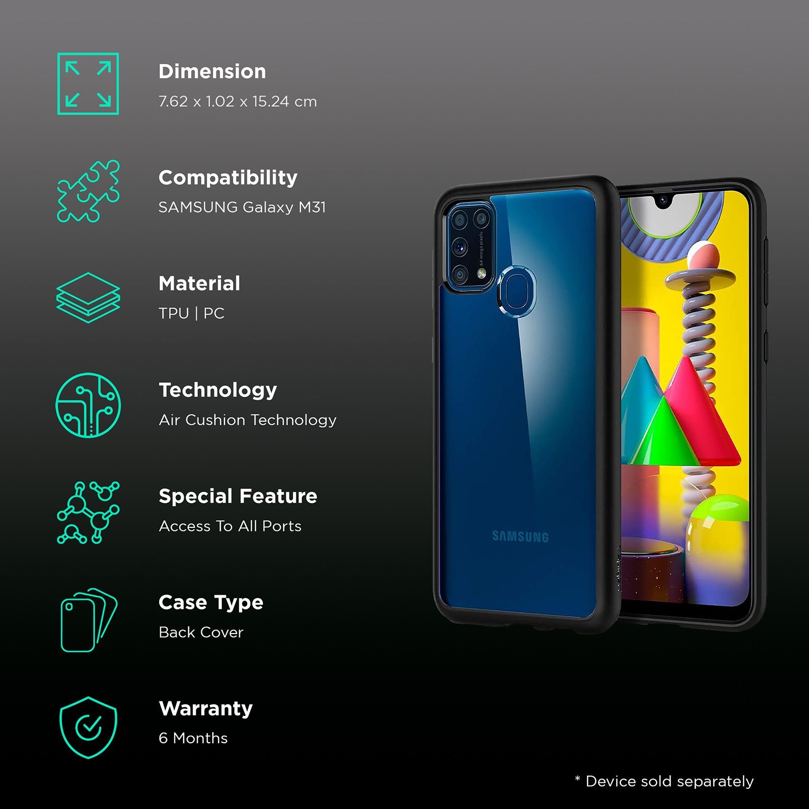 spigen Ultra Hybrid Polycarbonate & TPU Back Cover for SAMSUNG Galaxy M31 (Air Cushion Technology, Matte Black)_2