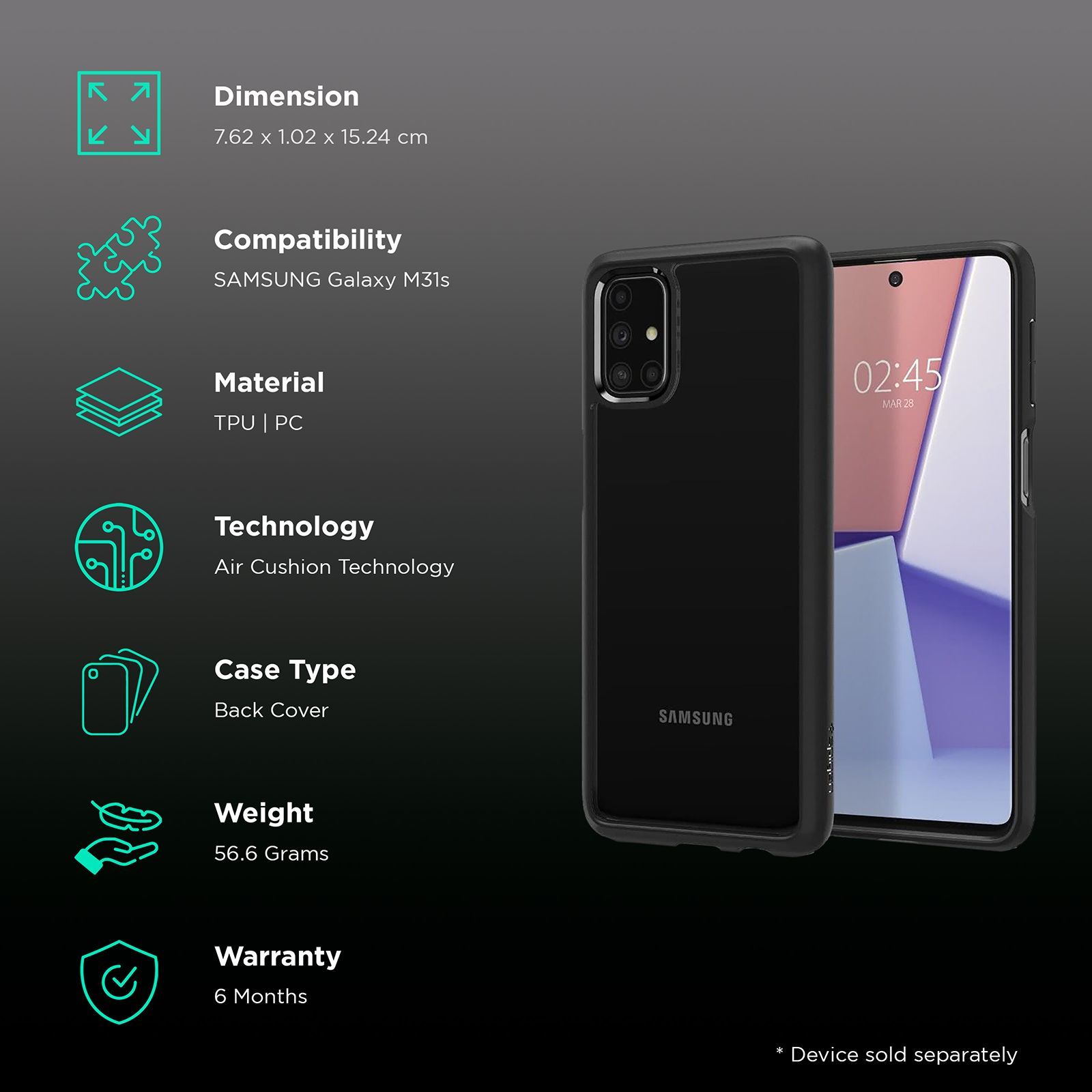 spigen Ultra Hybrid Soft Polycarbonate & TPU Back Cover for SAMSUNG Galaxy M31s (Air Cushion Technology, Matte Black)_2