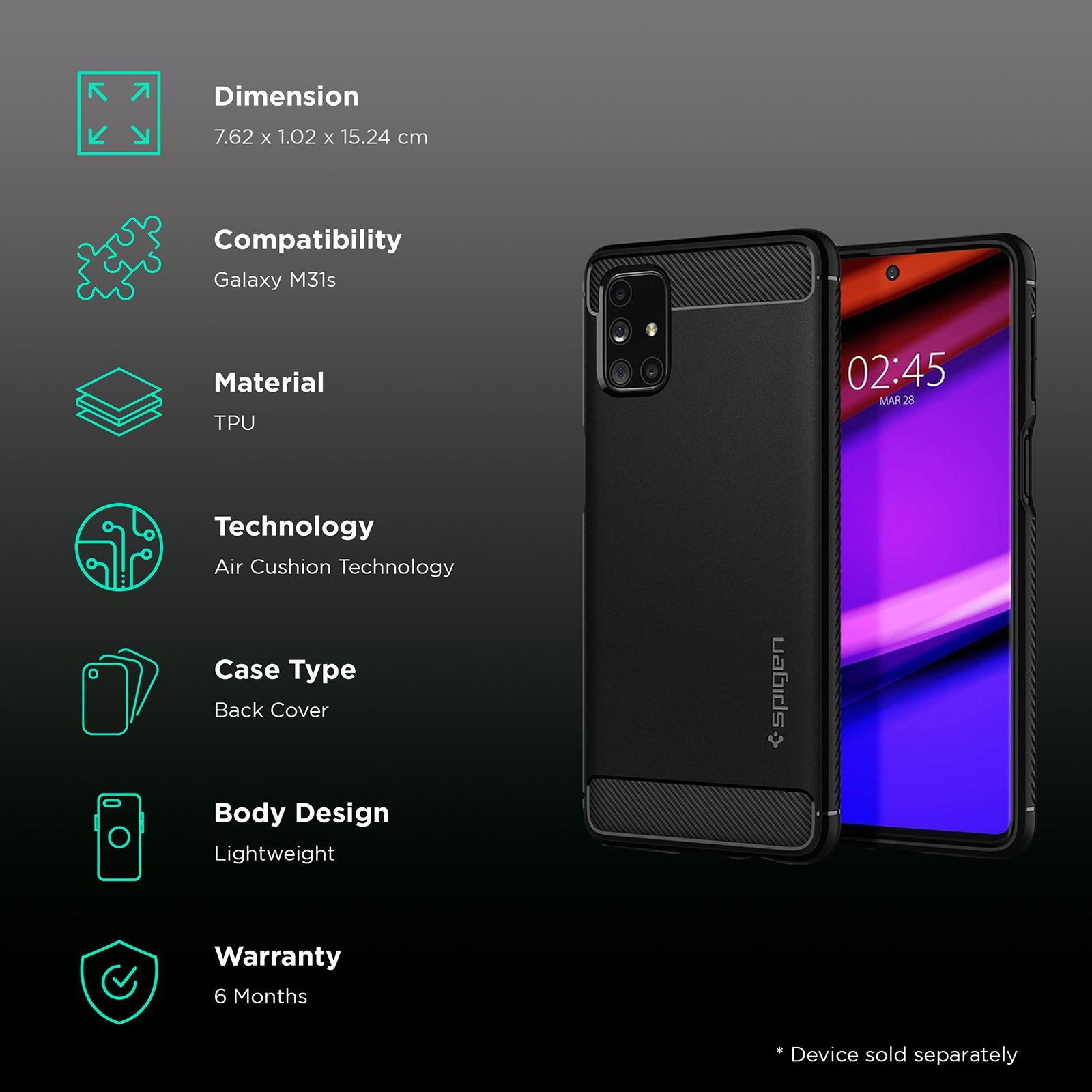 spigen Rugged Armor TPU Back Cover for SAMSUNG Galaxy M31s (Air Cushion Technology, Matte Black)_2