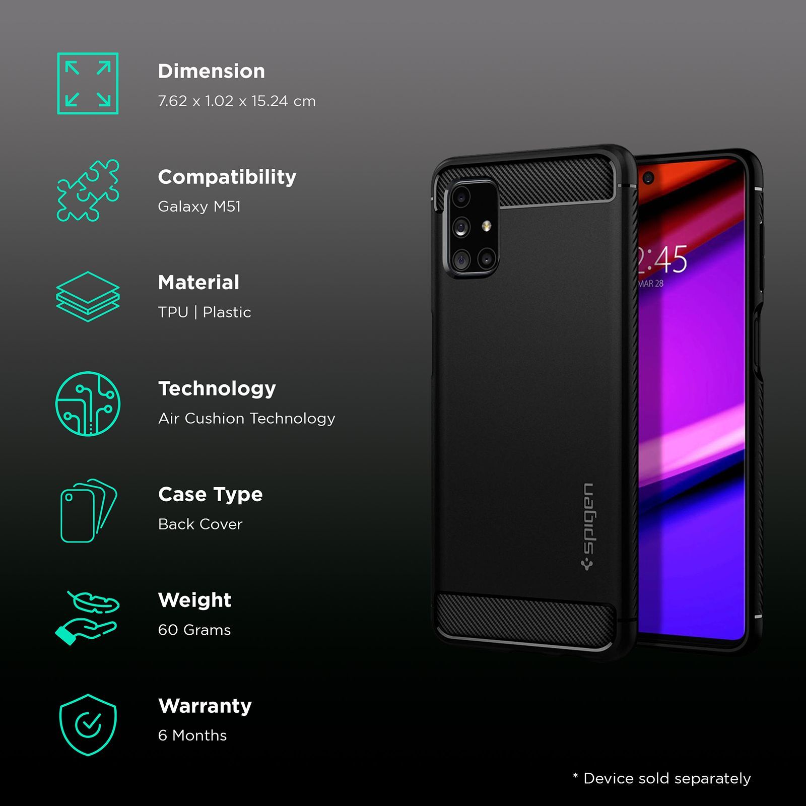 spigen Rugged Armor TPU & Plastic Back Case For Galaxy M51 (Lightweight, ACS01457, Black)_2