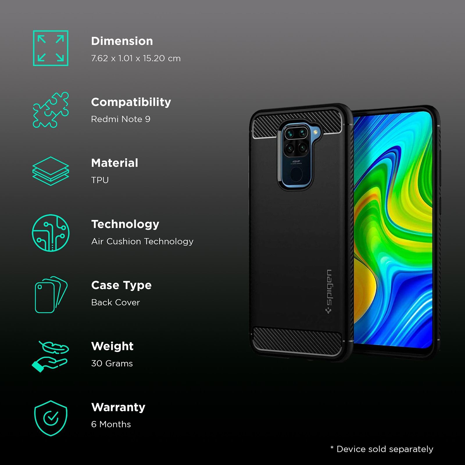 spigen Rugged Armor TPU Back Case For Redmi Note 9 (Air Cushion Technology, ACS01192, Matte Black)_2