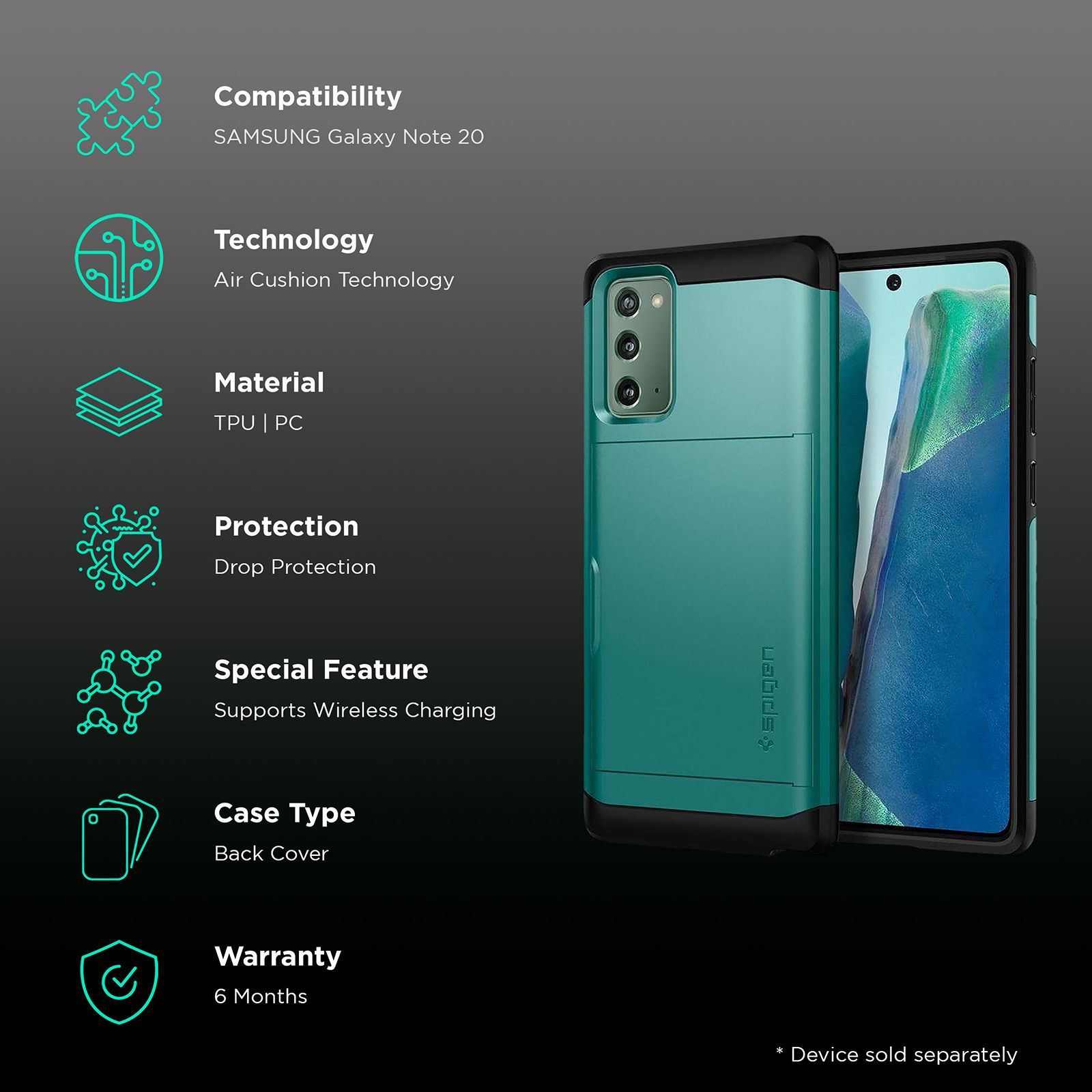 spigen Slim Armor CS TPU & Polycarbonate Back Cover for SAMSUNG Galaxy Note 20 (Wireless Charging Compatible, Green)_2