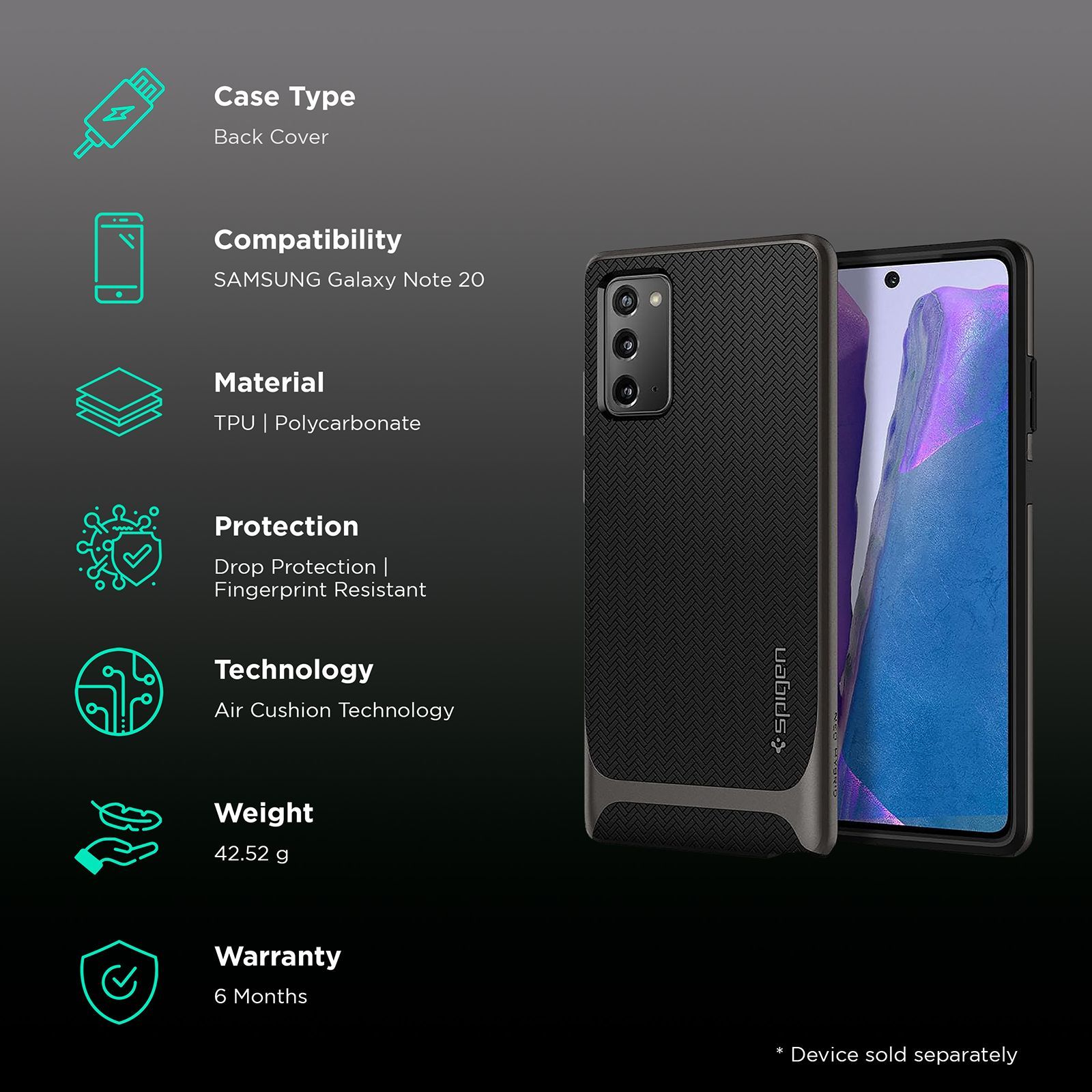 spigen Neo Hybrid TPU & PC Back Case For Galaxy Note 20 5G (Air Cushion Technology, ACS01425, Gunmetal)_2