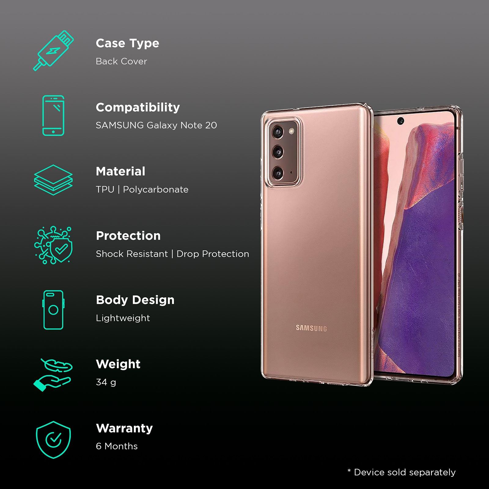 spigen Liquid Crystal TPU & Polycarbonate Back Cover for SAMSUNG Galaxy Note 20 (Wireless Charging Compatible, Crystal Clear)_2