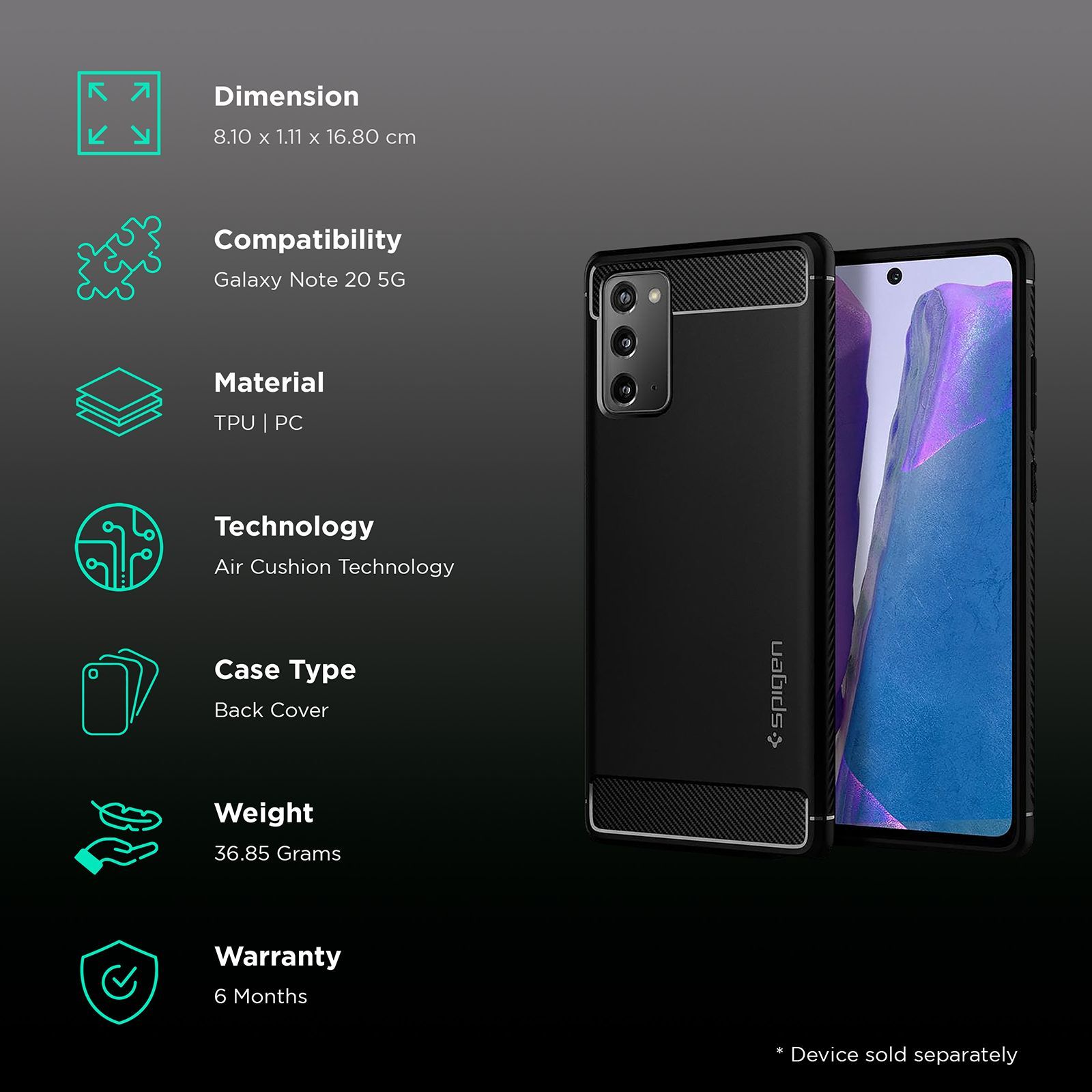 spigen Rugged Armor TPU & PC Back Case For Galaxy Note 20 5G (Air Cushion Technology, ACS01417, Matte Black)_2