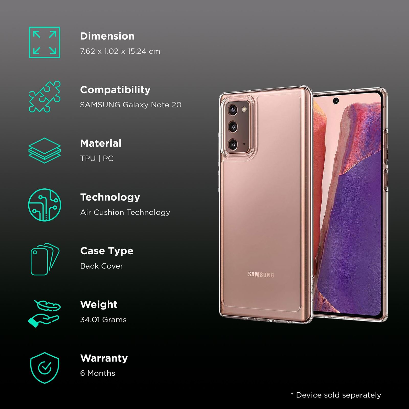 spigen Ultra Hybrid Polycarbonate & TPU Back Cover for SAMSUNG Galaxy Note 20 (Air Cushion Technology, Crystal Clear)_2