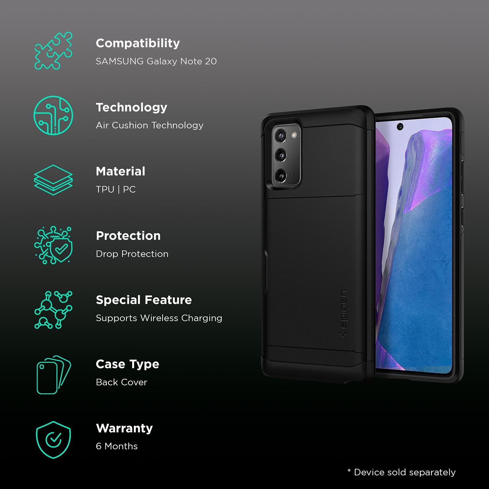 spigen Slim Armor CS TPU & Polycarbonate Back Cover for SAMSUNG Galaxy Note 20 (Wireless Charging Compatible, Black)_2