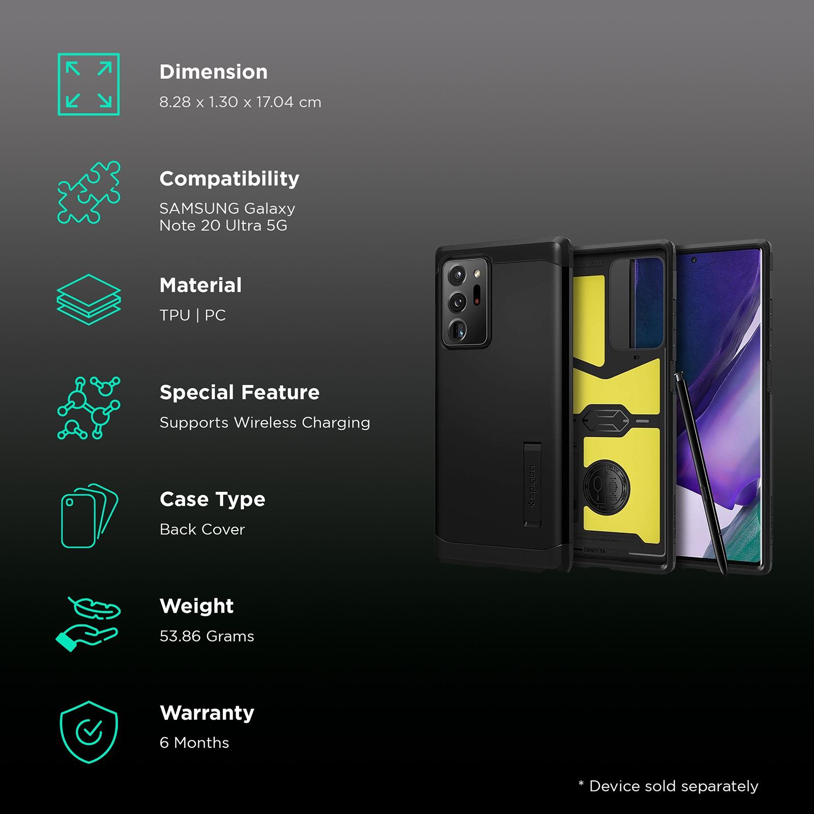 spigen Tough Armor TPU & Polycarbonate Back Case with Stand for SAMSUNG Galaxy Note 20 Ultra 5G (Wireless Charging Compatible, Black)_2