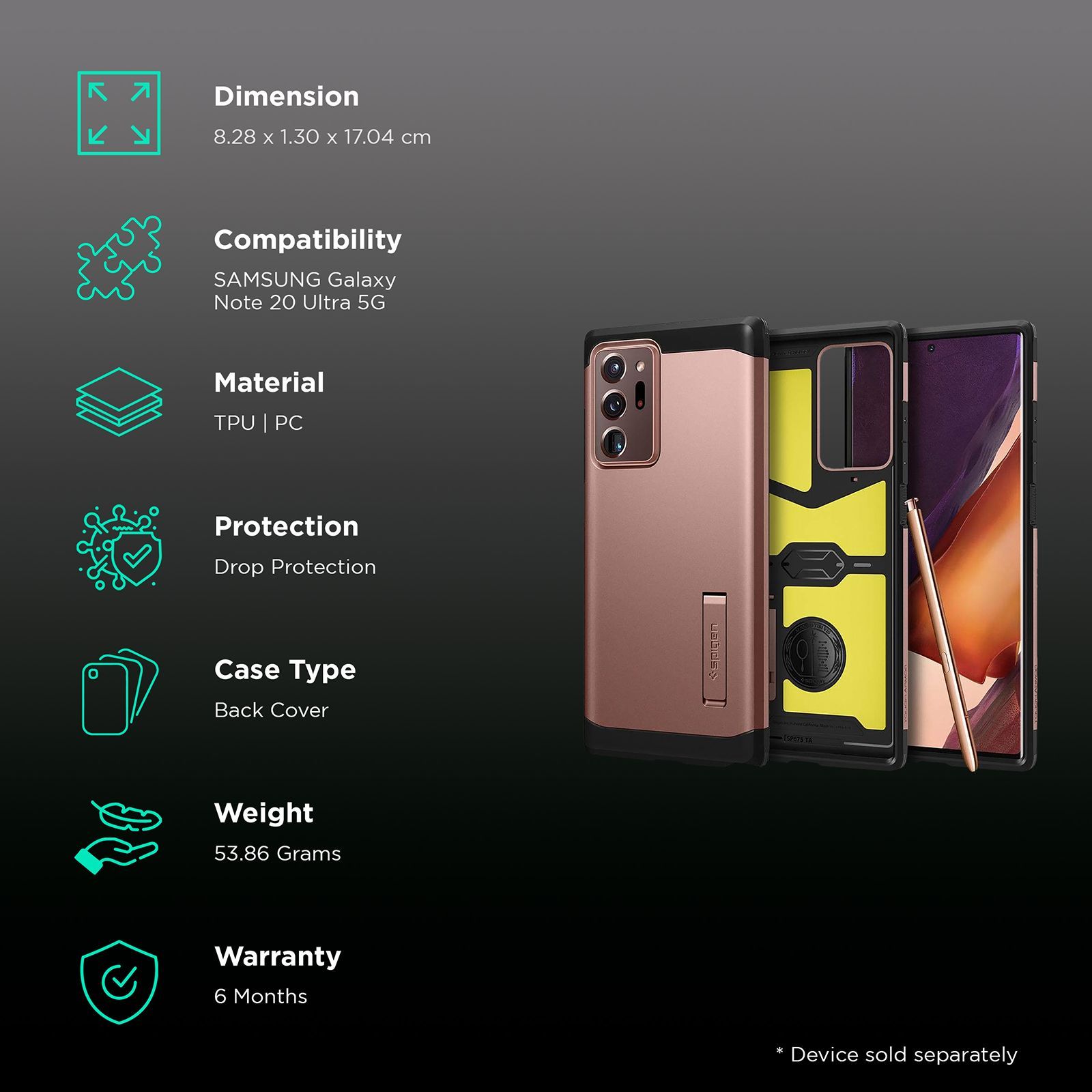 spigen Tough Armor TPU & Polycarbonate Back Case with Stand for SAMSUNG Galaxy Note 20 Ultra 5G (Wireless Charging Compatible, Bronze)_2