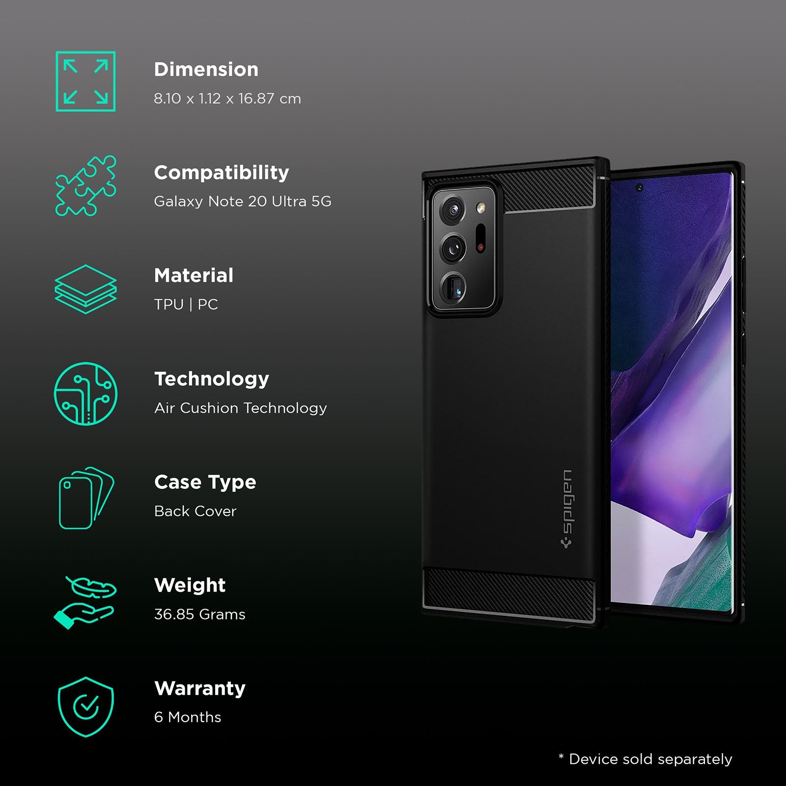 spigen Rugged Armor TPU & PC Back Case For Galaxy Note 20 Ultra 5G (Air Cushion Technology, ACS01391, Matte Black)_2