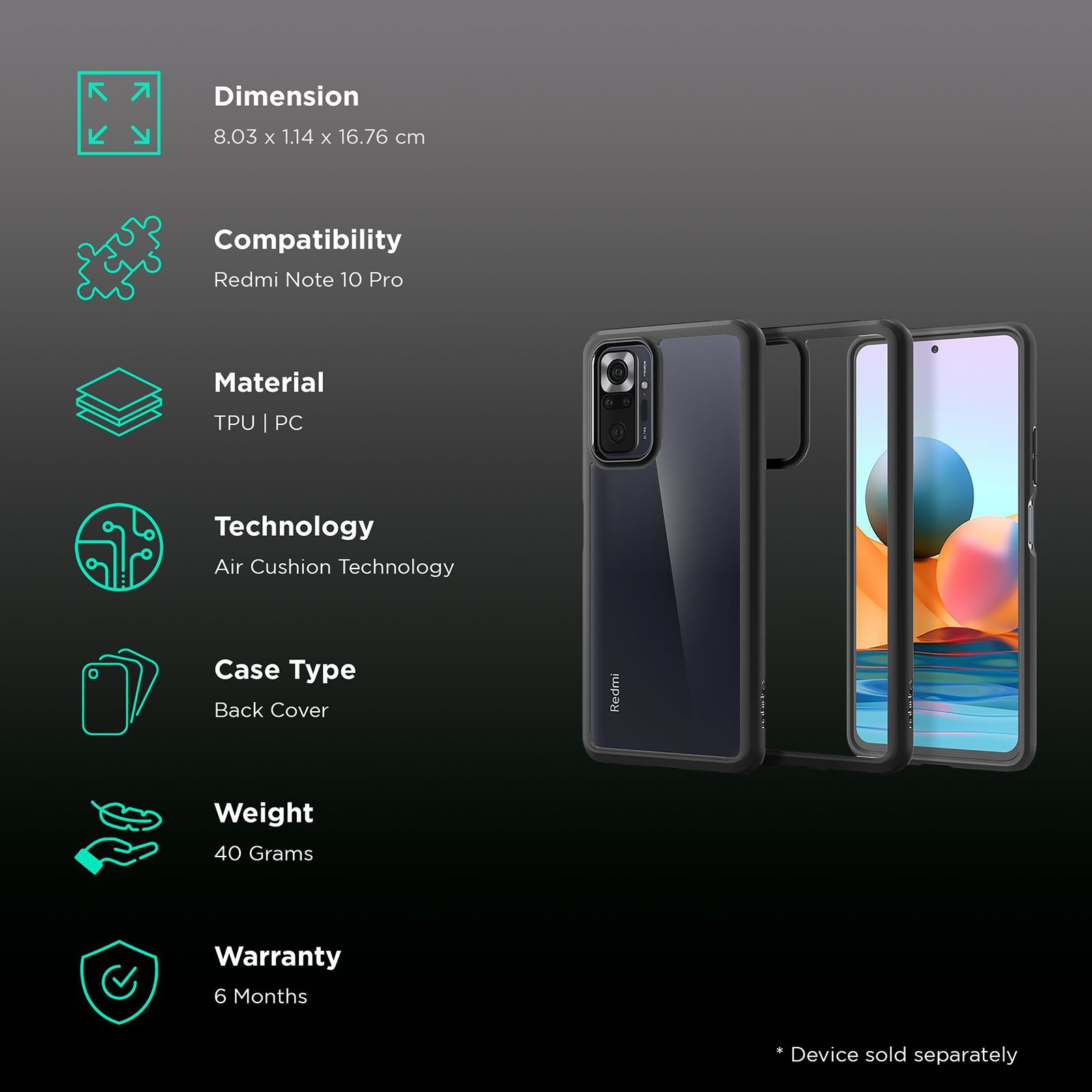 spigen Ultra Hybrid Polycarbonate & TPU Back Cover for Redmi Note 10 Pro (Air Cushion Technology, Matte Black)_2