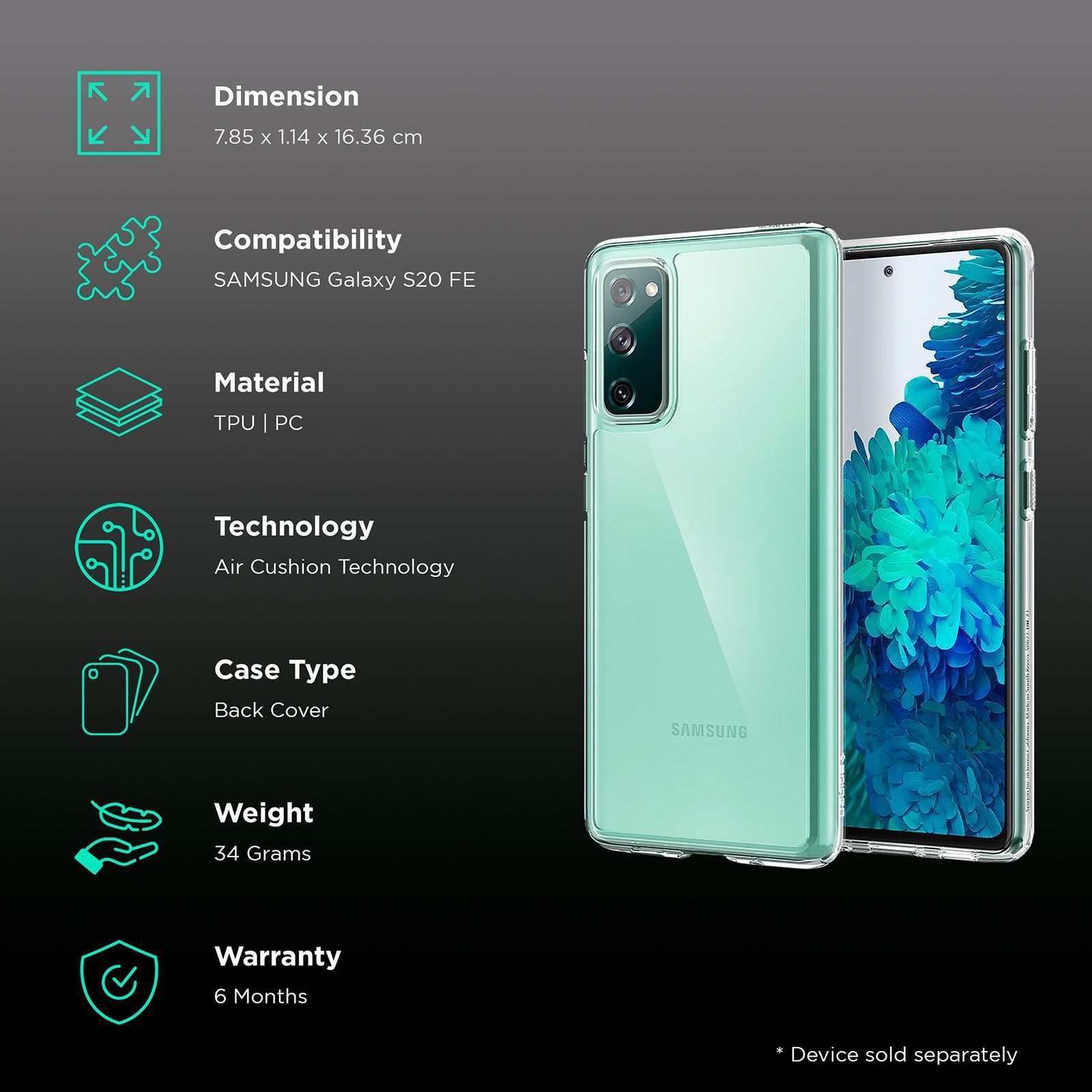 spigen Ultra Hybrid Hard Polycarbonate & TPU Back Cover for SAMSUNG Galaxy S20 FE (Air Cushion Technology, Crystal Clear)_2