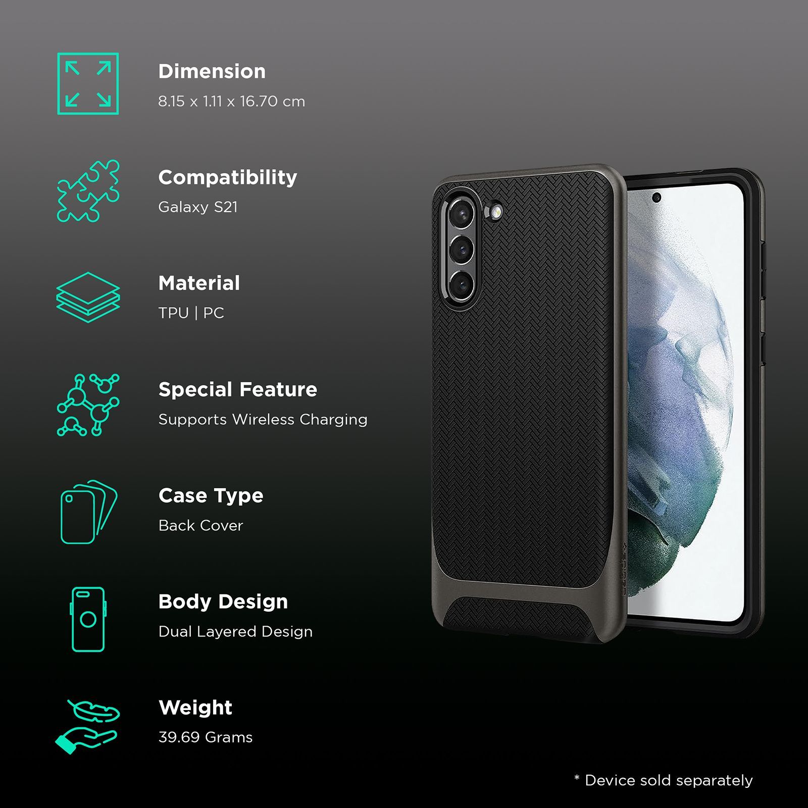 spigen Neo Hybrid TPU & PC Back Case For Galaxy S21 (Compatible With Wireless Charging, ACS02427, Gunmetal) spigen Neo Hybrid TPU & PC Back Case For Galaxy S21 (Compatible With Wireless Charging, ACS02427, Gunmetal)_2