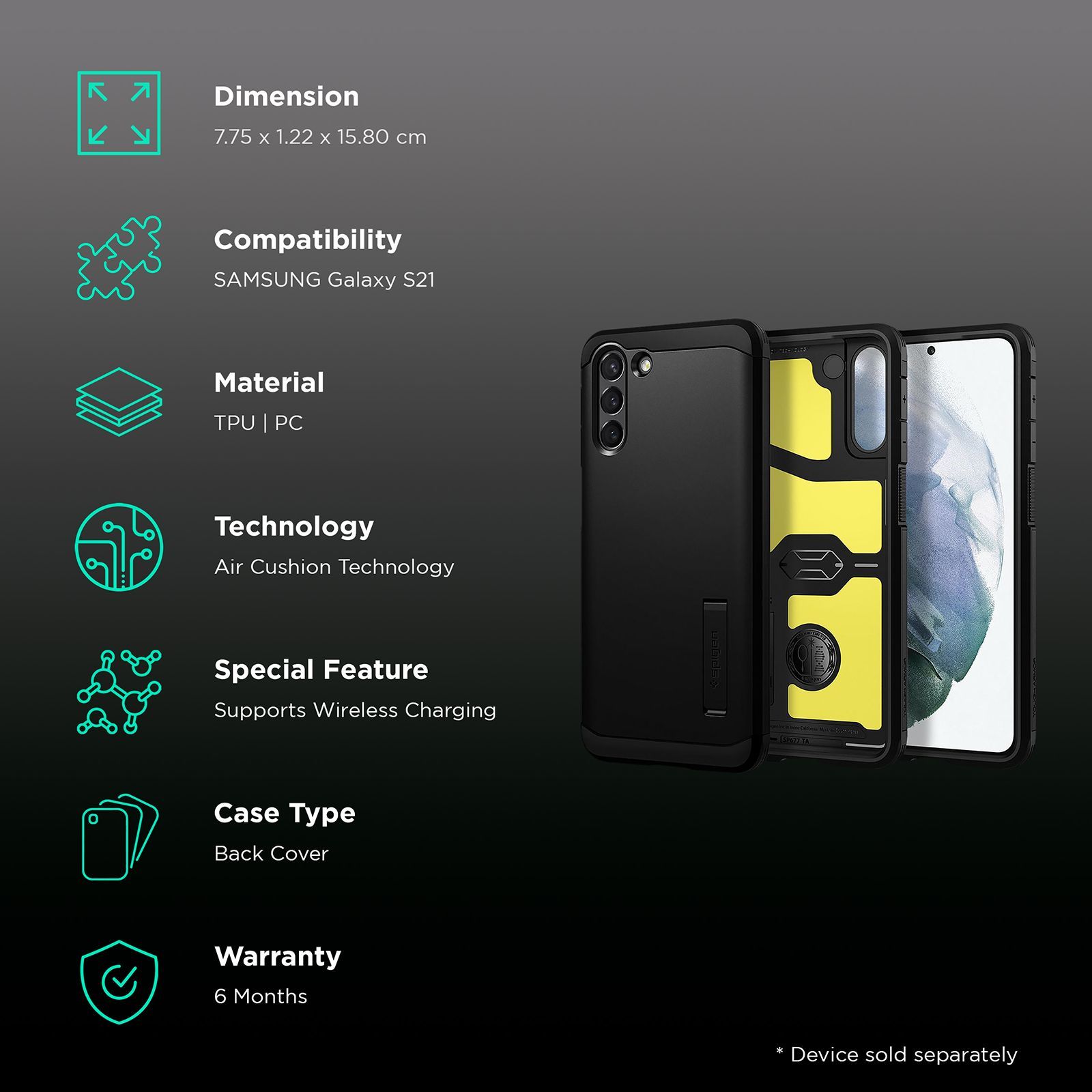 spigen Tough Armor TPU & Polycarbonate Back Case with Stand for SAMSUNG Galaxy S21 (Wireless Charging Compatible, Black)_2