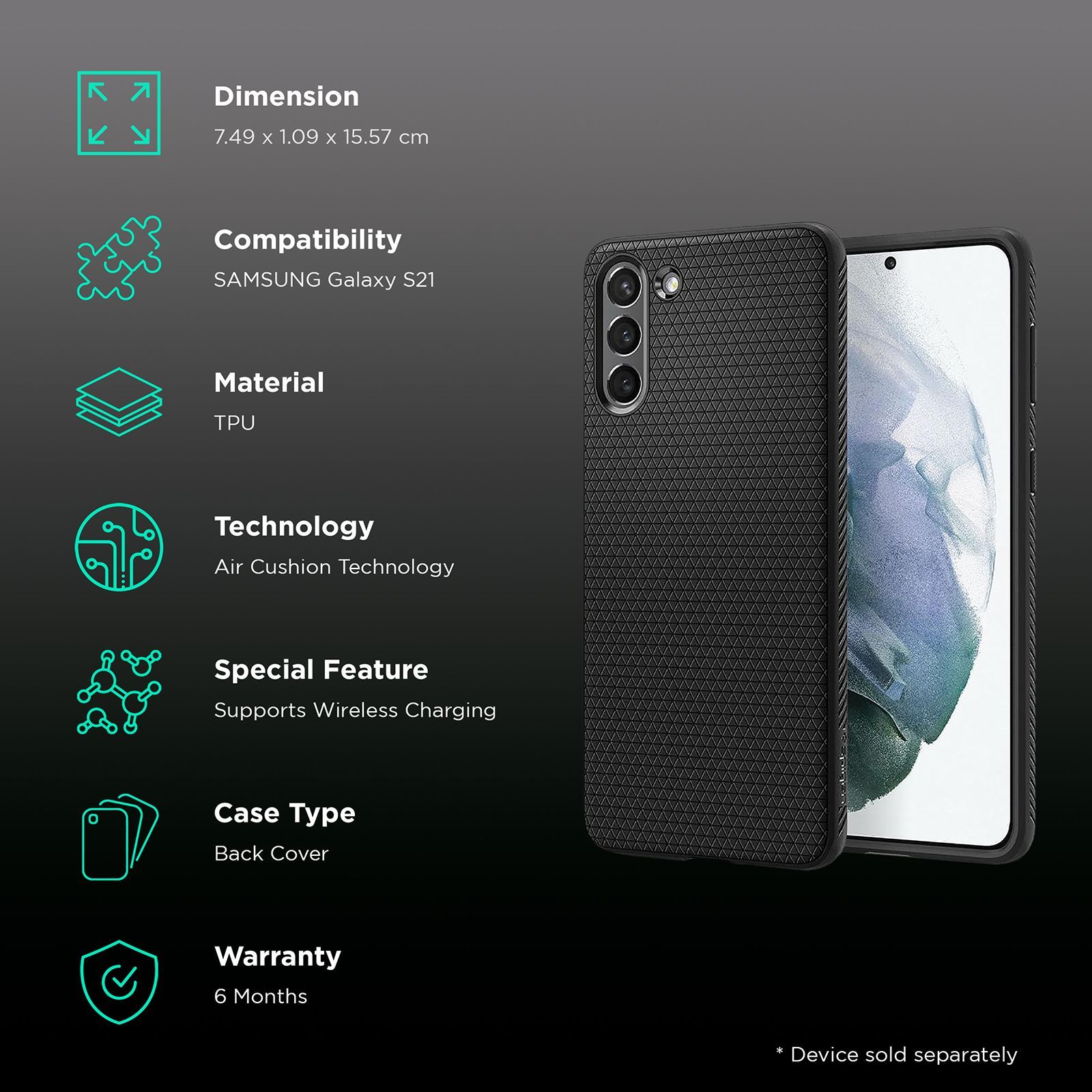 spigen Liquid Air TPU Back Cover for SAMSUNG Galaxy S21 (Supports Wireless Charging, Matte Black)_2