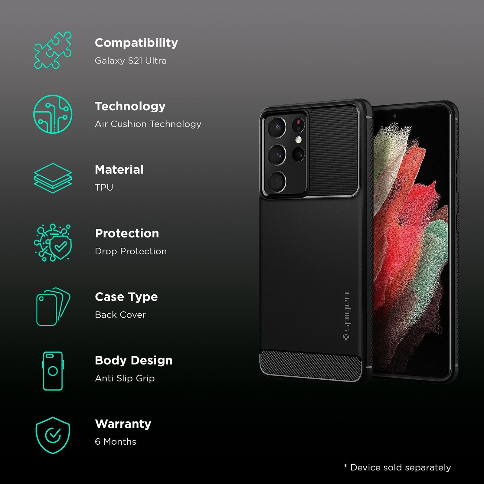 spigen Rugged Armor TPU Back Case For Galaxy S21 Ultra (Slim & Grip-Friendly, ACS02349, Matte Black)_2