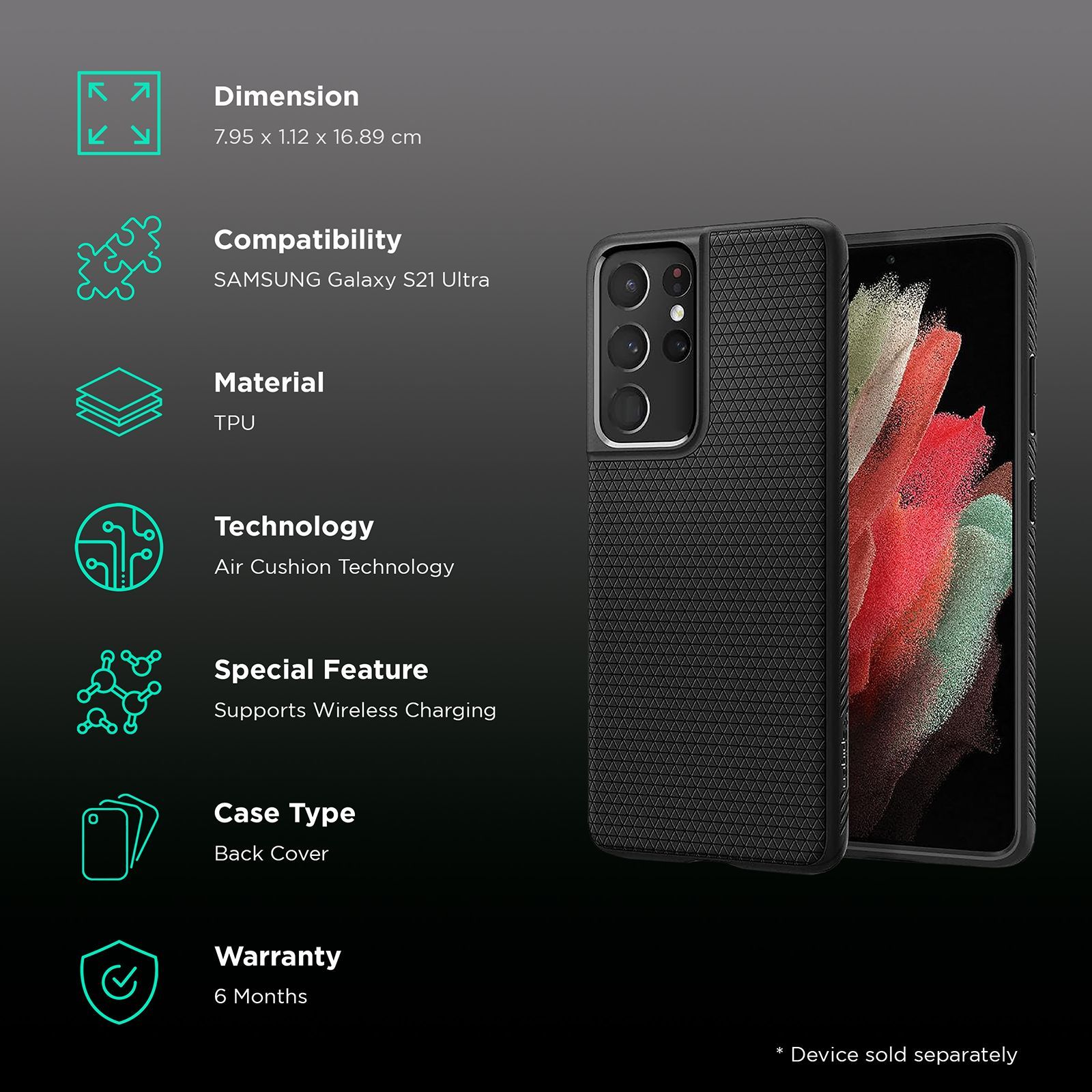 spigen Liquid Air TPU Back Cover for SAMSUNG Galaxy S21 Ultra (Supports Wireless Charging, Matte Black)_2