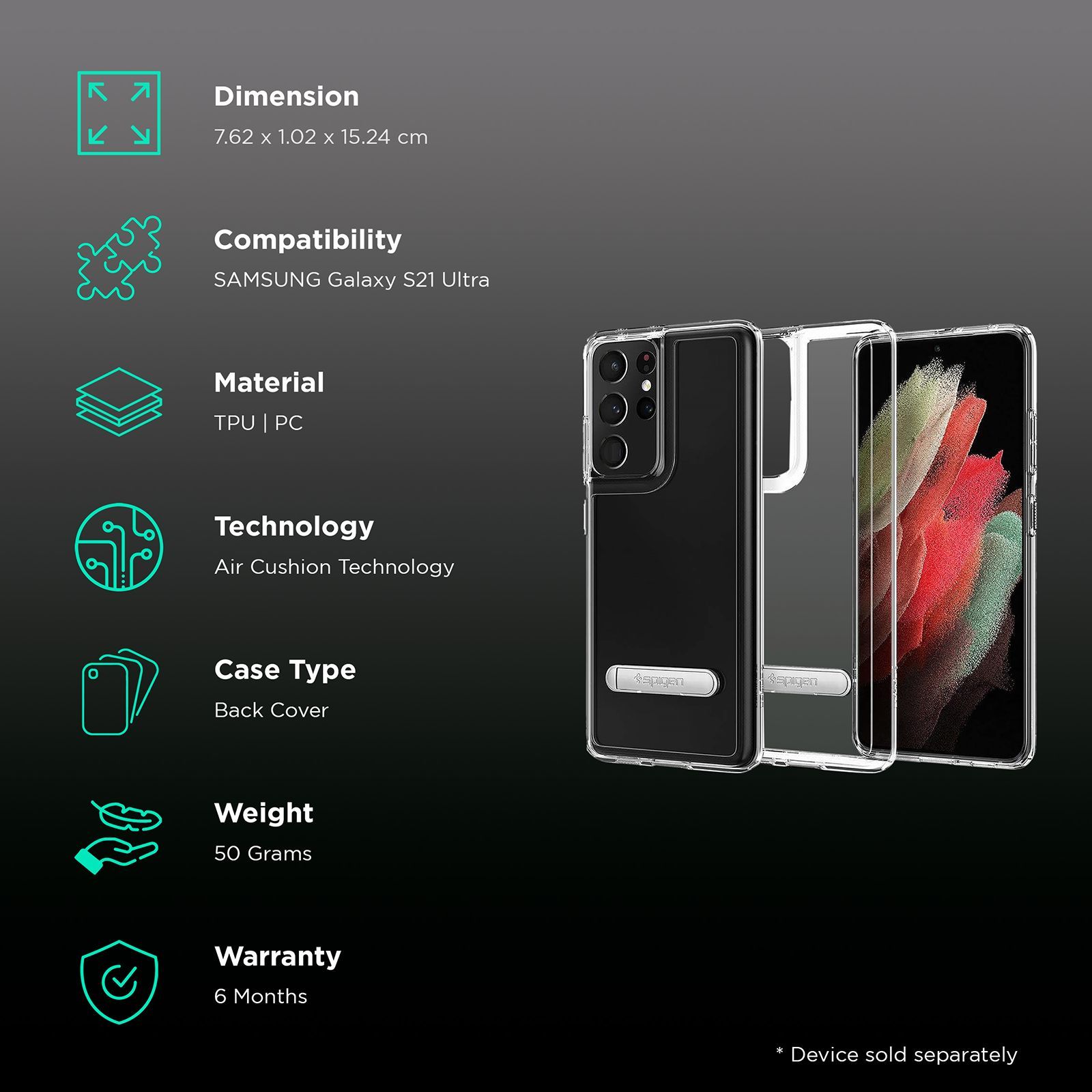 spigen Ultra Hybrid S Hard Polycarbonate & TPU Back Cover for SAMSUNG Galaxy S21 Ultra (Air Cushion Technology, Crystal Clear)_2