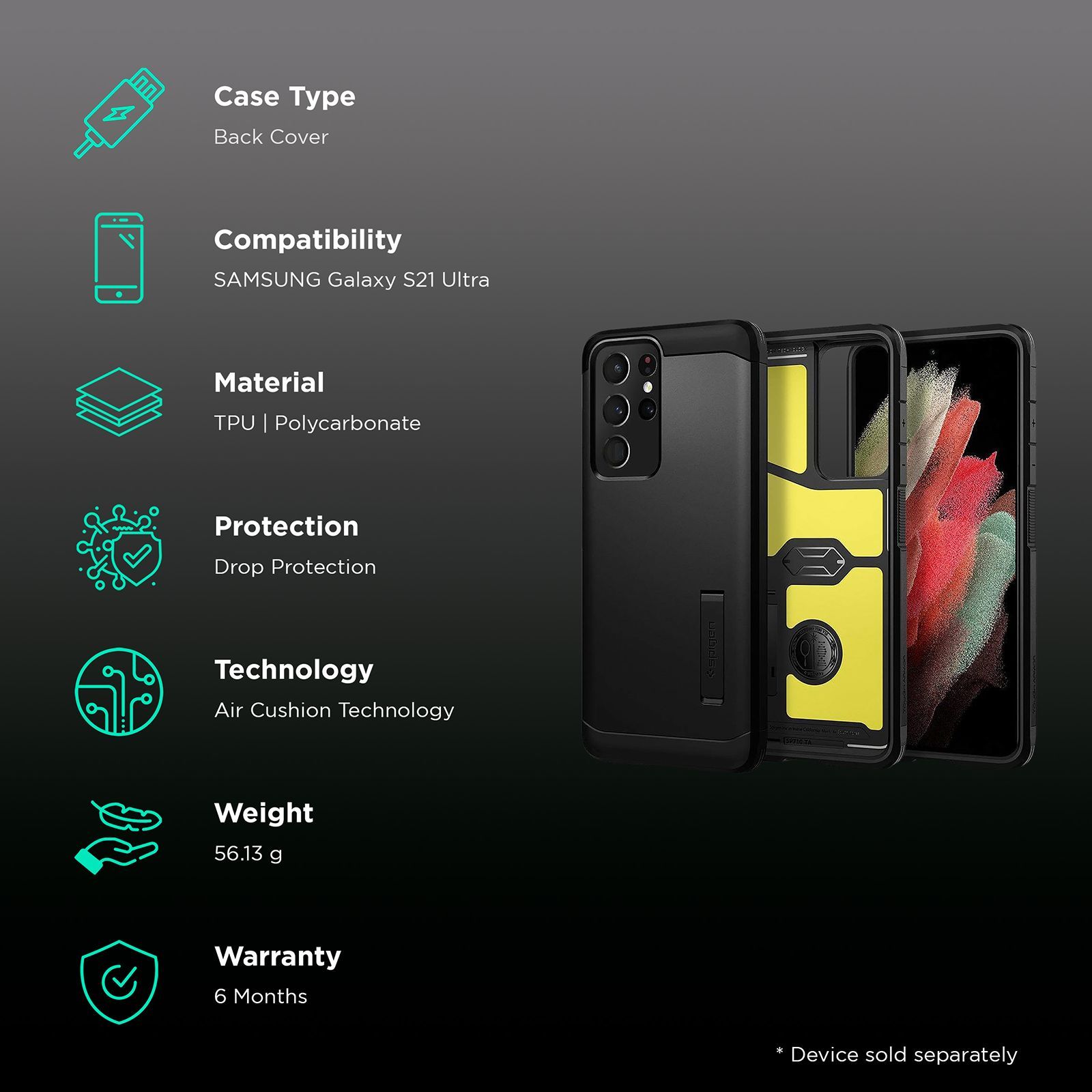 spigen Tough Armor TPU & Polycarbonate Back Case with Stand for SAMSUNG Galaxy S21 Ultra (Wireless Charging Compatible, Black)_2