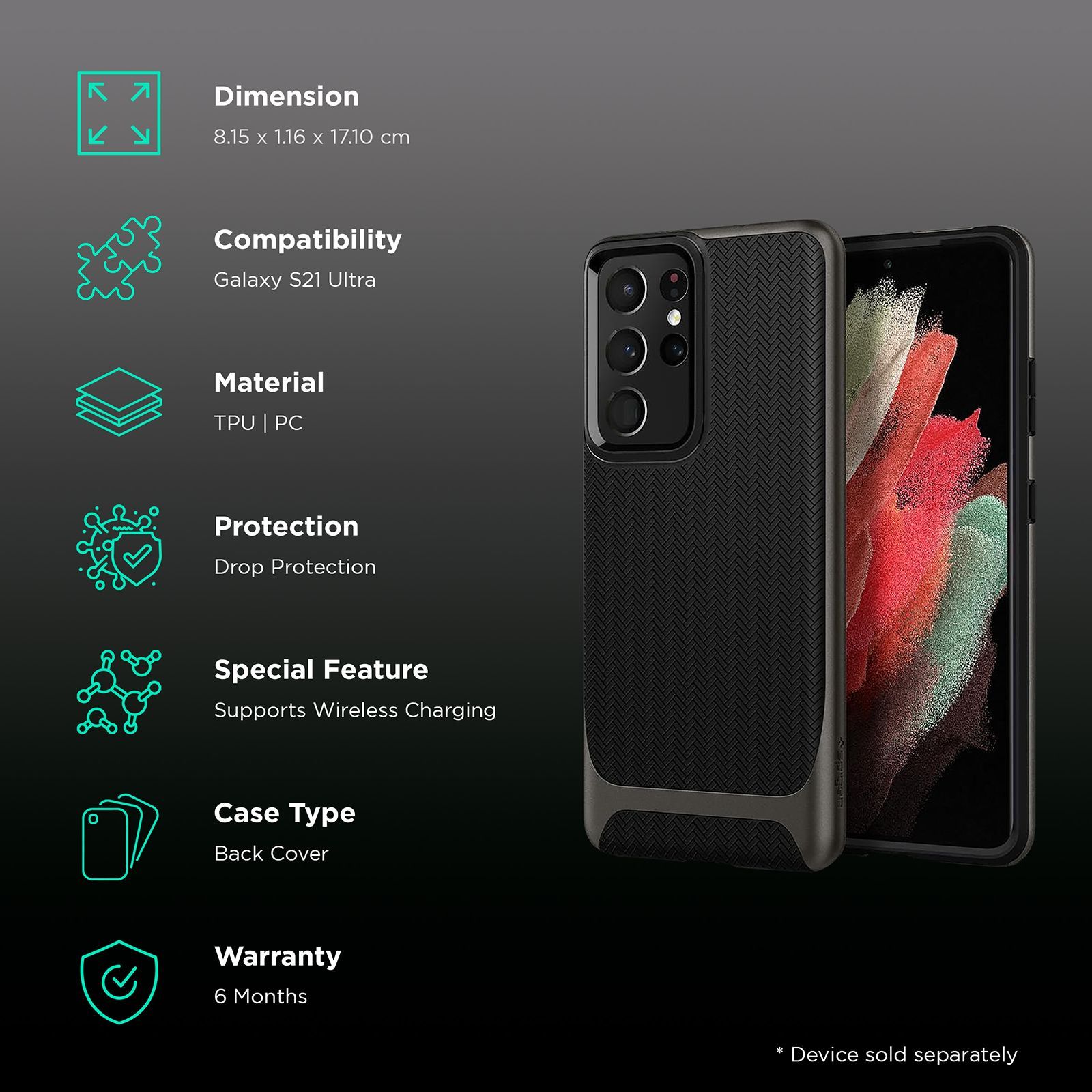 spigen Neo Hybrid TPU & PC Back Case For Galaxy S21 Ultra (Compatible With Wireless Charging, ACS02356, Gunmetal)_2