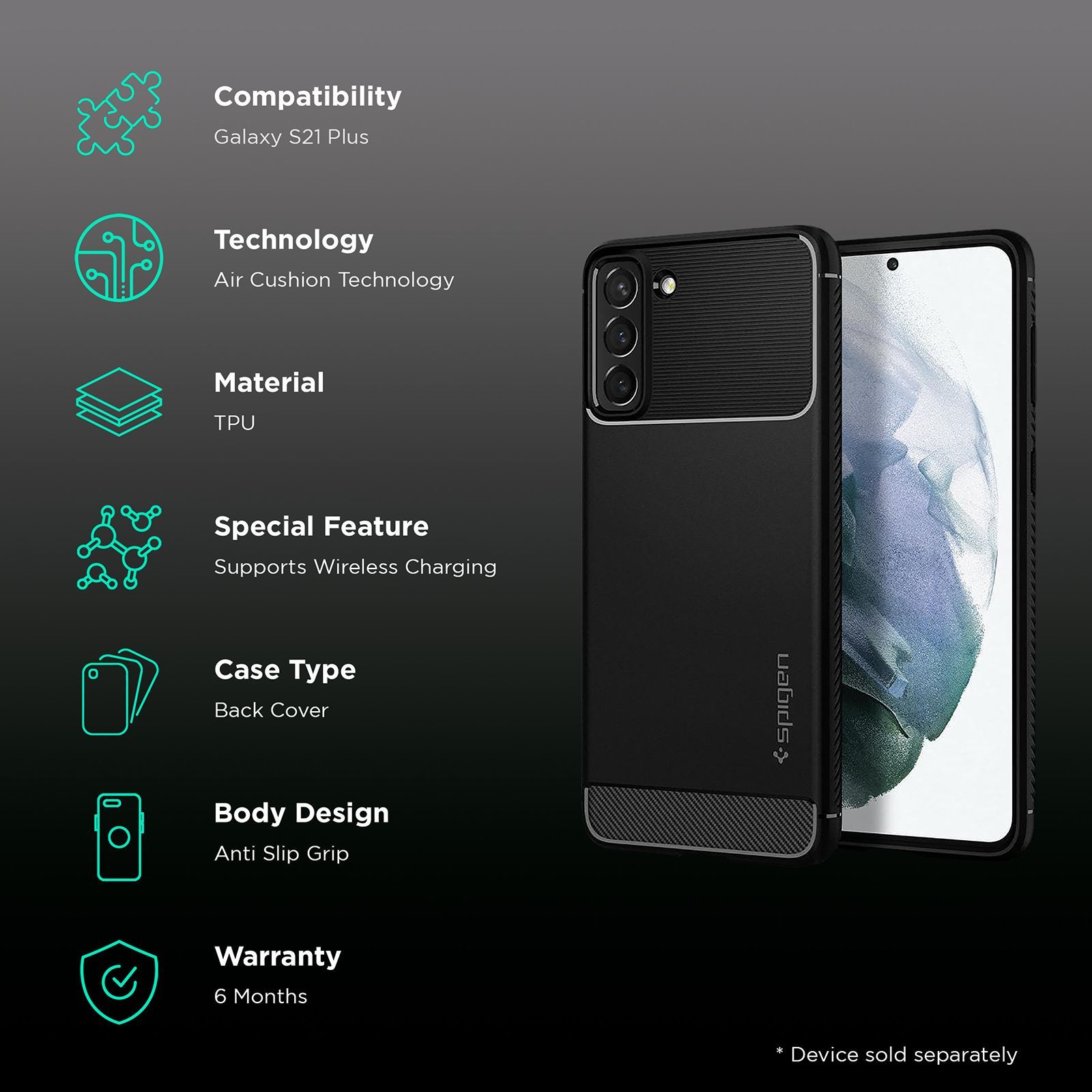 spigen Rugged Armor TPU Back Case For Galaxy S21 Plus (Slim & Grip-Friendly, ACS02385, Matte Black)_2